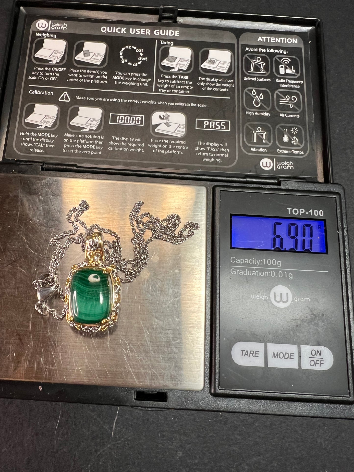 New Karis Platinum & 18K Gold Plated Malachite Pendant Necklace 20”