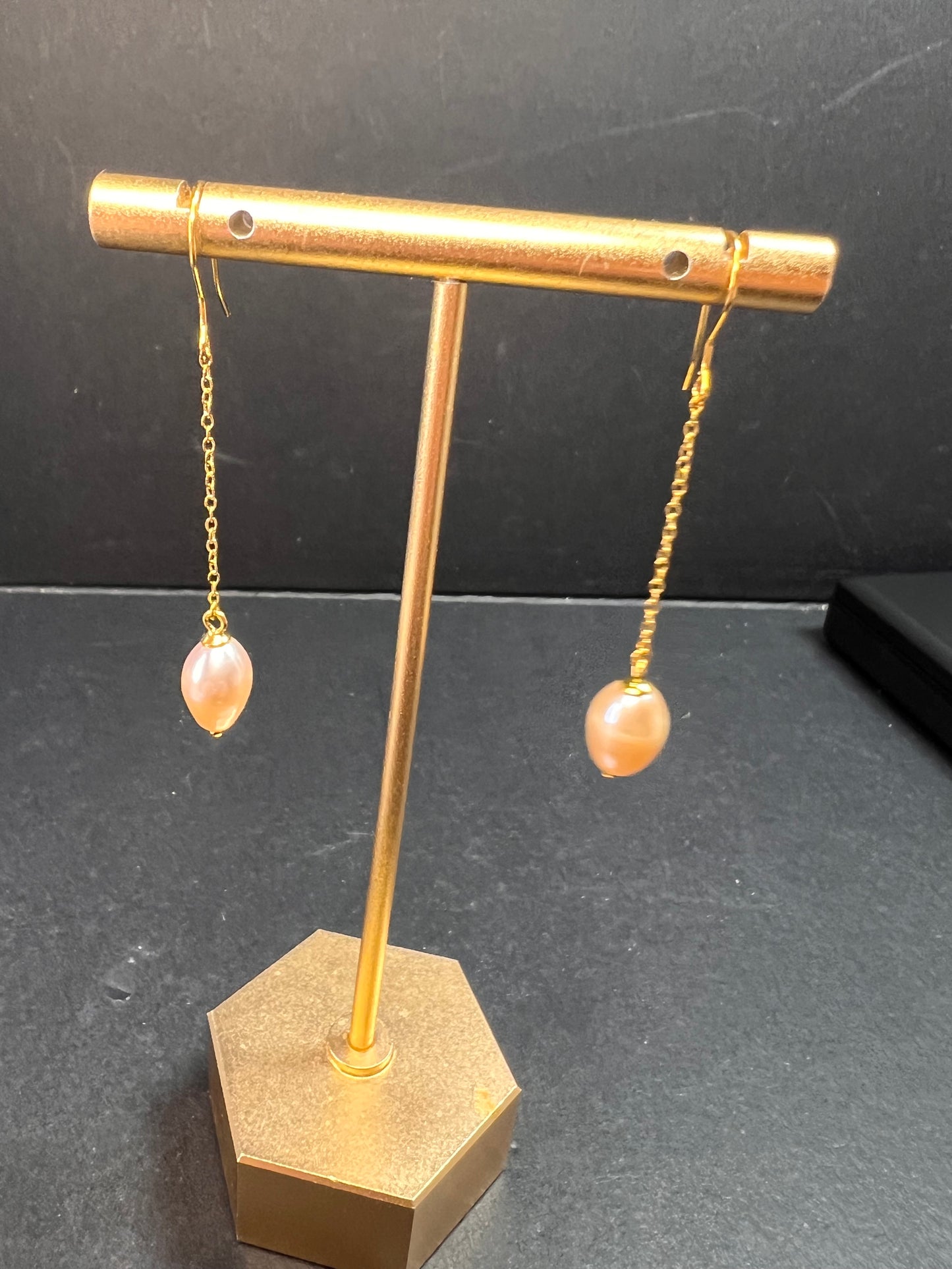 NEW peachy pink freshwater pearl chain dangles on gold over sterling silver