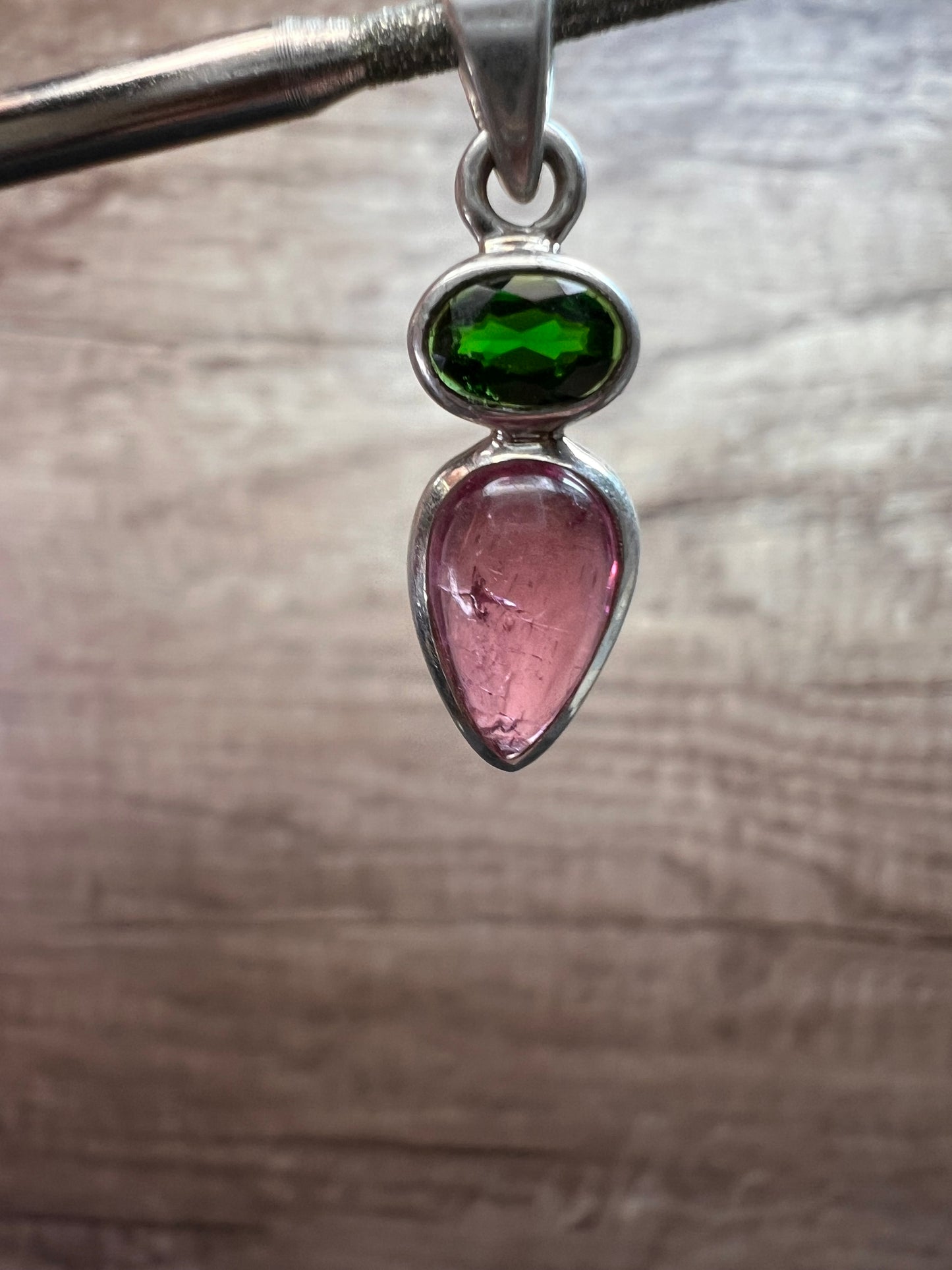 NEW Pink tourmaline and chrome diopside sterling silver pendant 1.75 grams