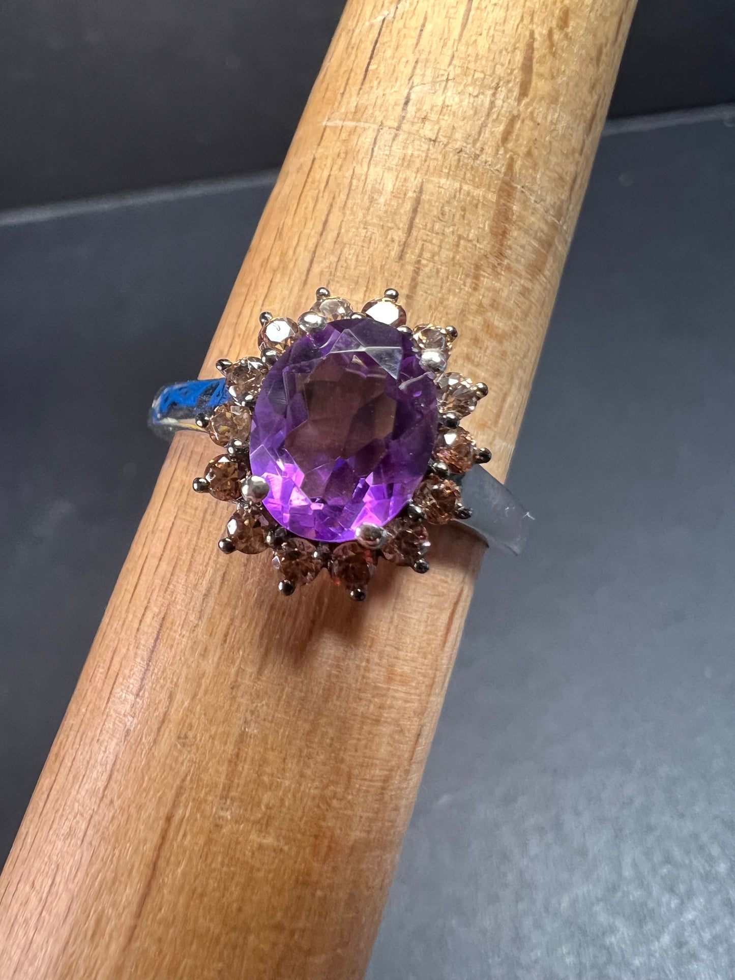 NEW Rose de France and brown zircon halo ring in platinum over sterling silver size 8