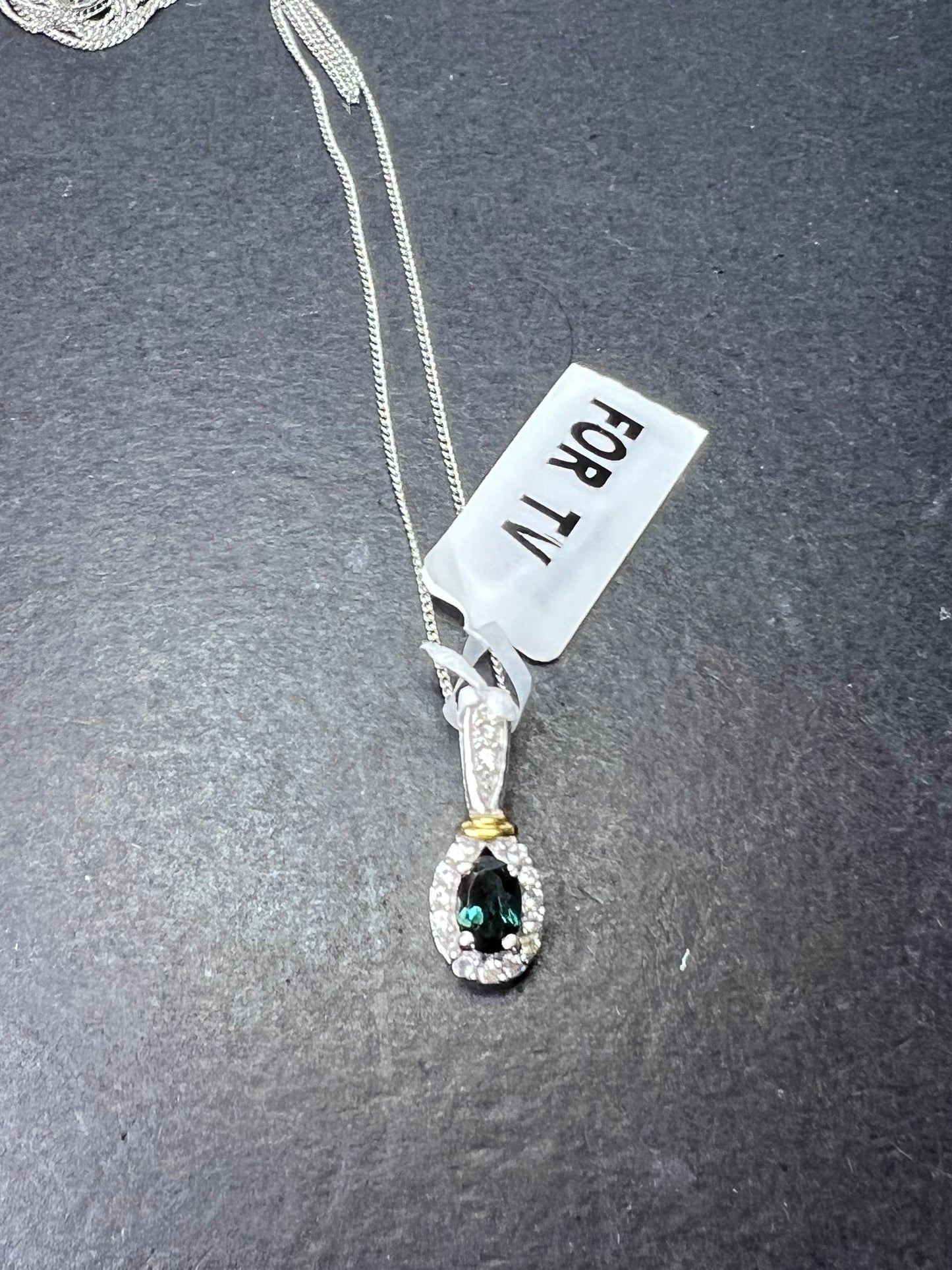 Indicolite tourmaline and zircon sterling silver pendant and 20 inch chain necklace
