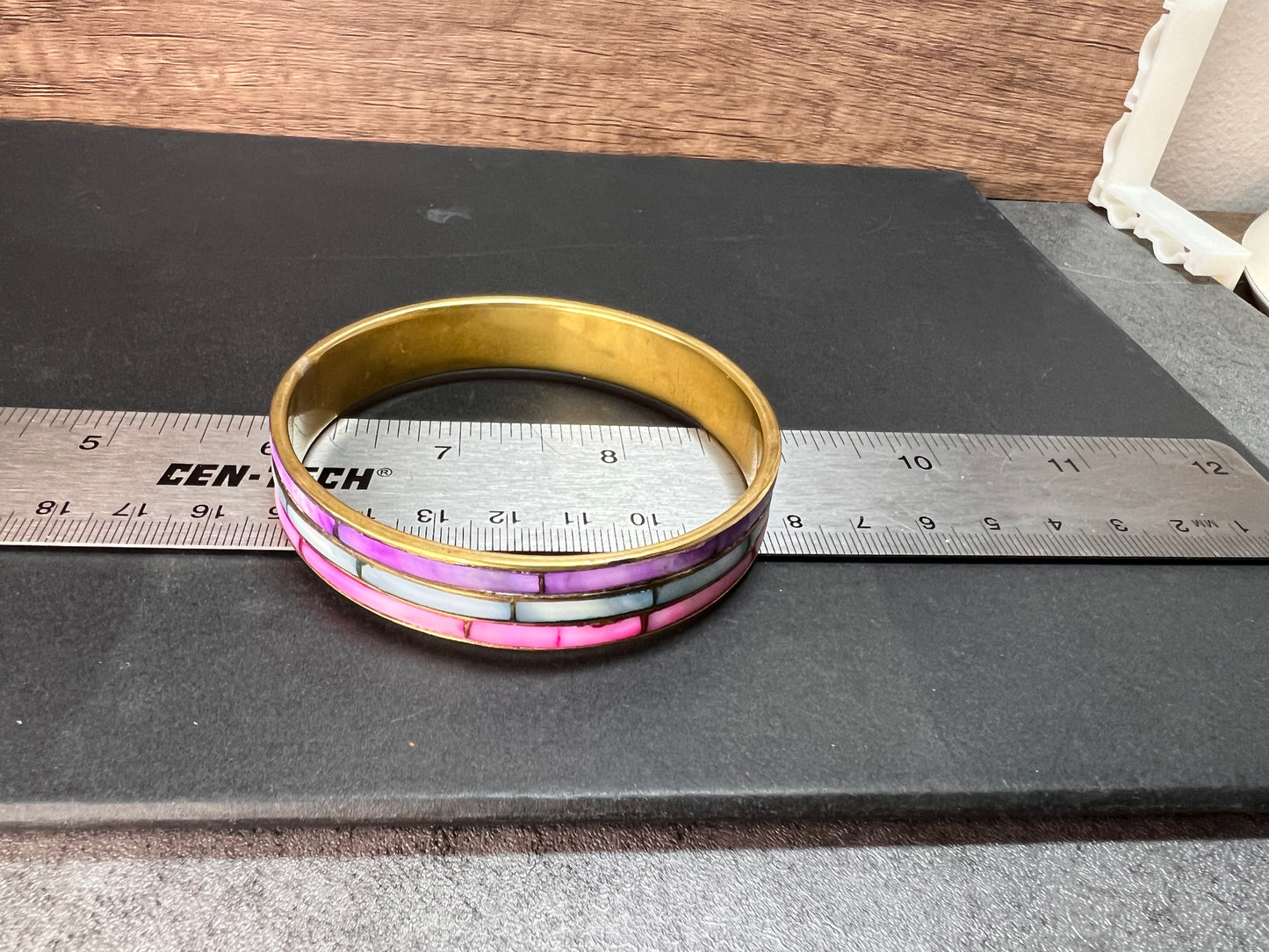 Vintage dyed mother of pearl and brass bangle