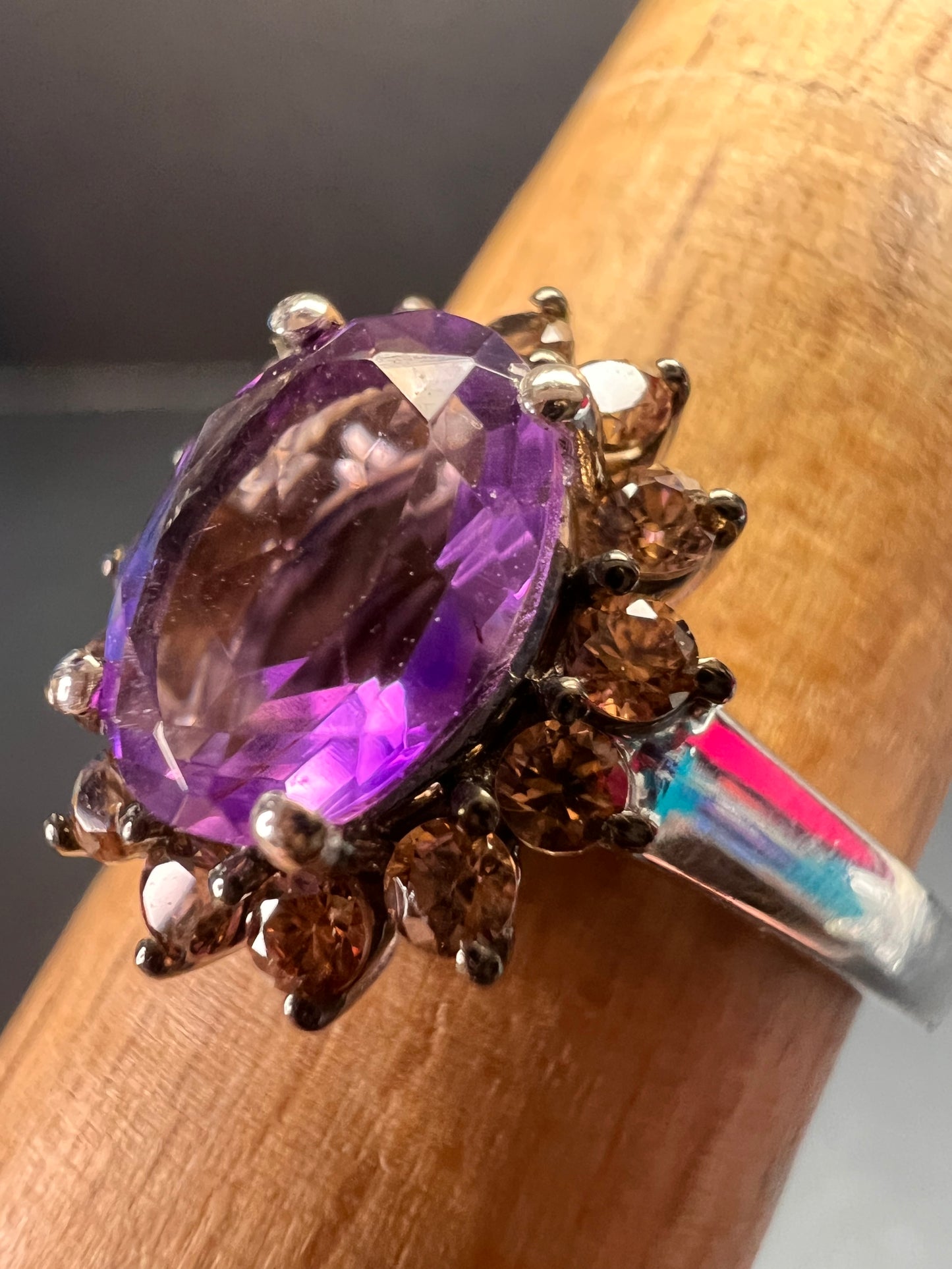 NEW Rose de France and brown zircon halo ring in platinum over sterling silver size 8