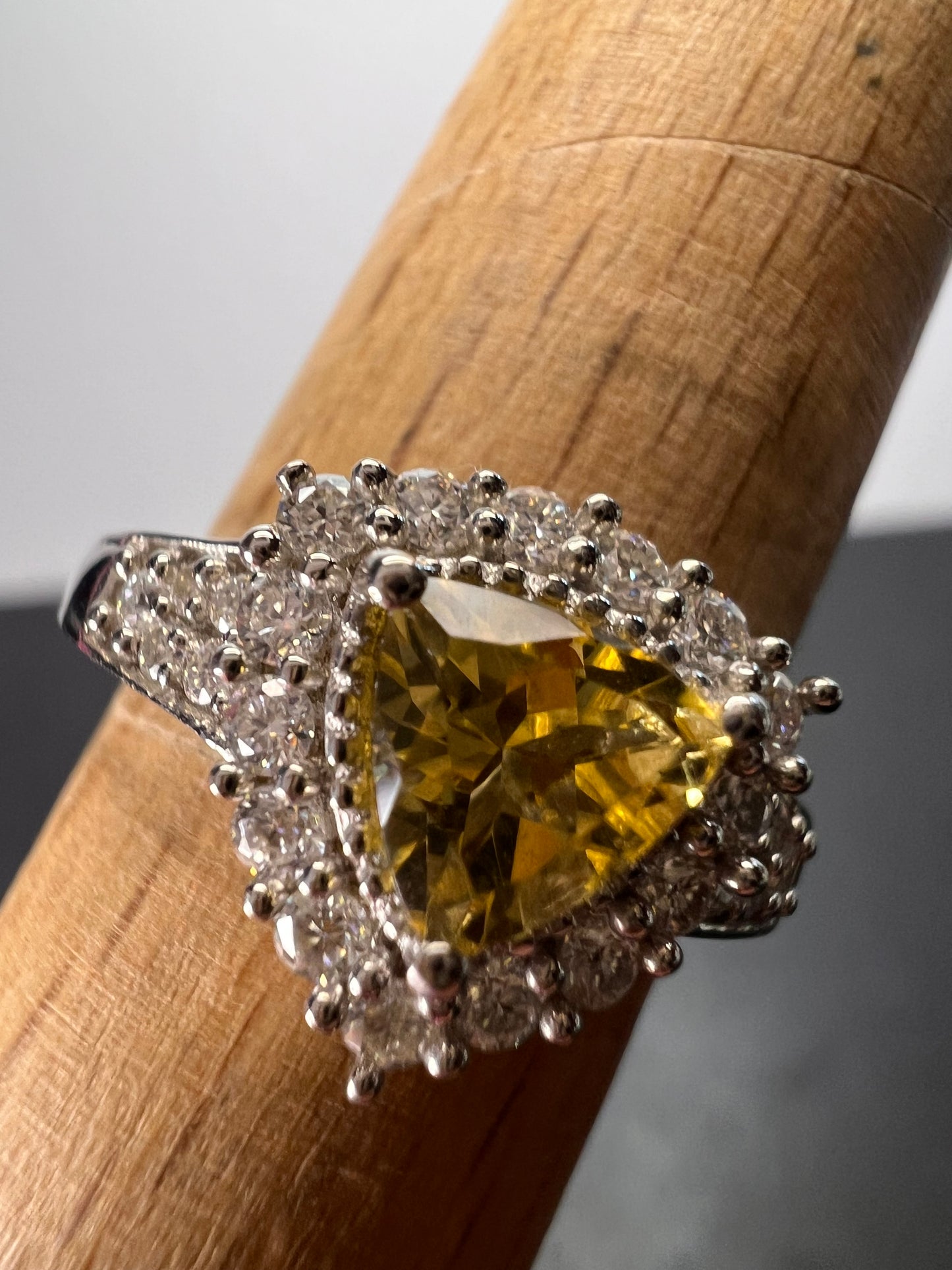 NEW yellow beryl and moissanite halo ring in platinum over sterling silver-size 7