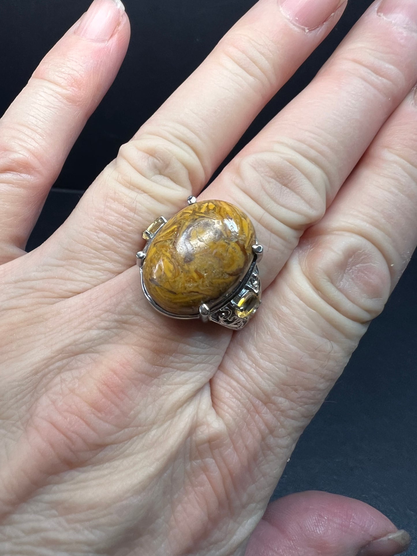 NEW script stone and citrine stainless steel ring size 8
