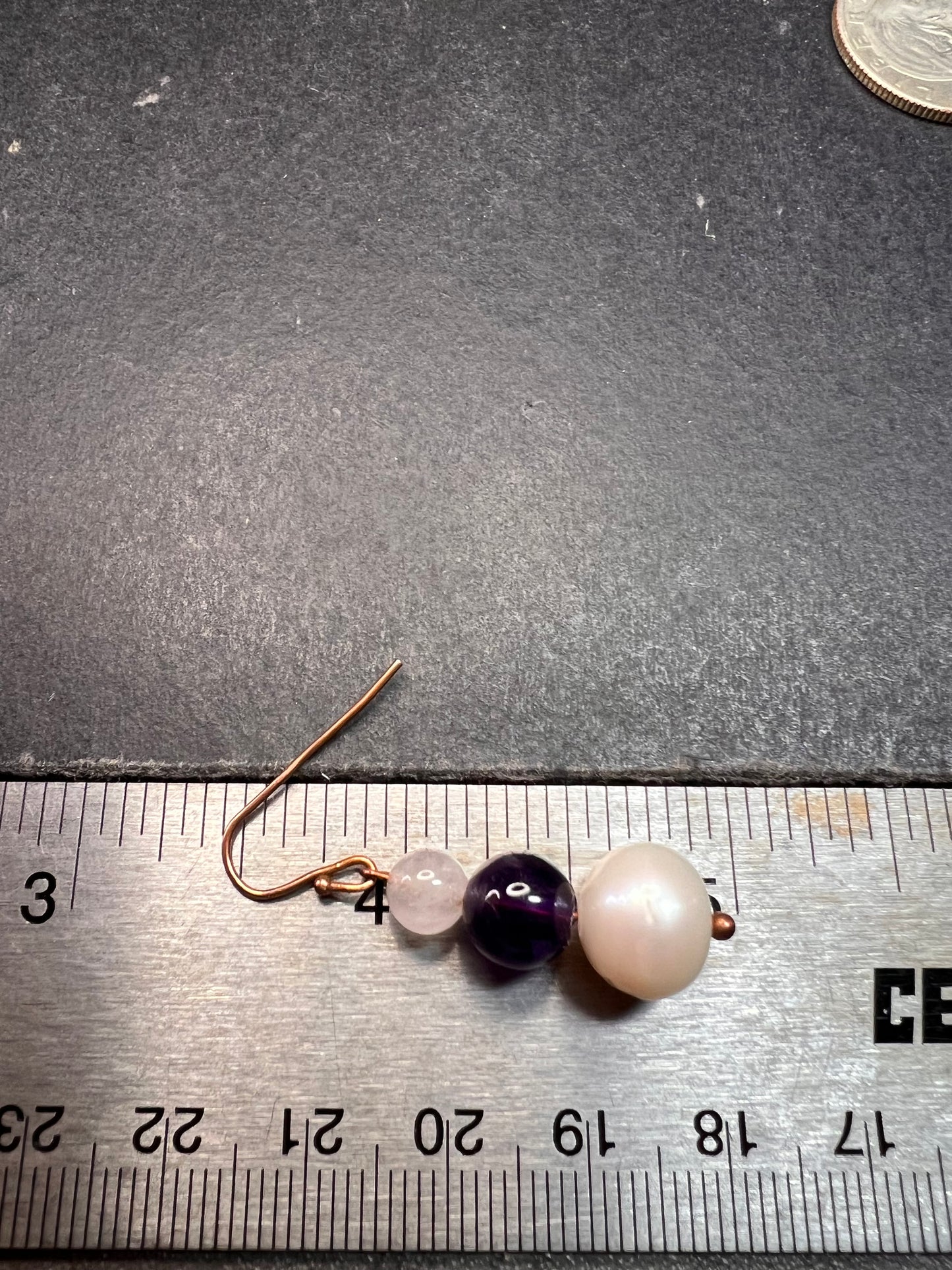Pearl, amethyst and rose quartz dangle earrings in copper