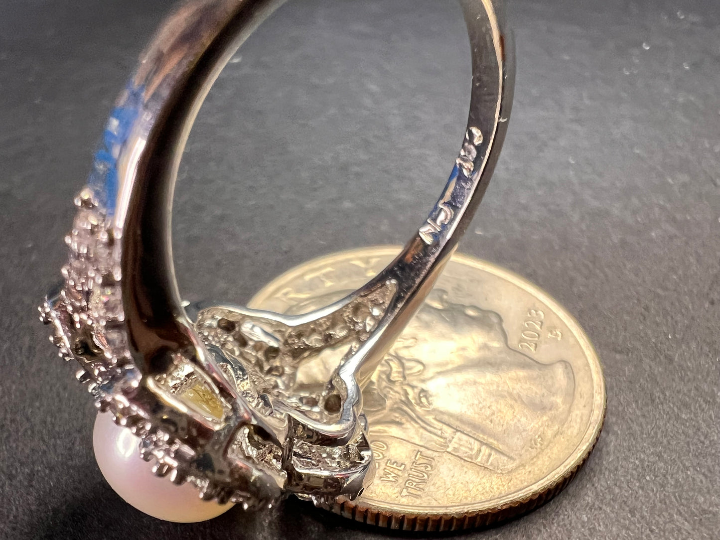 Freshwater pearl and Cz cocktail ring size 9