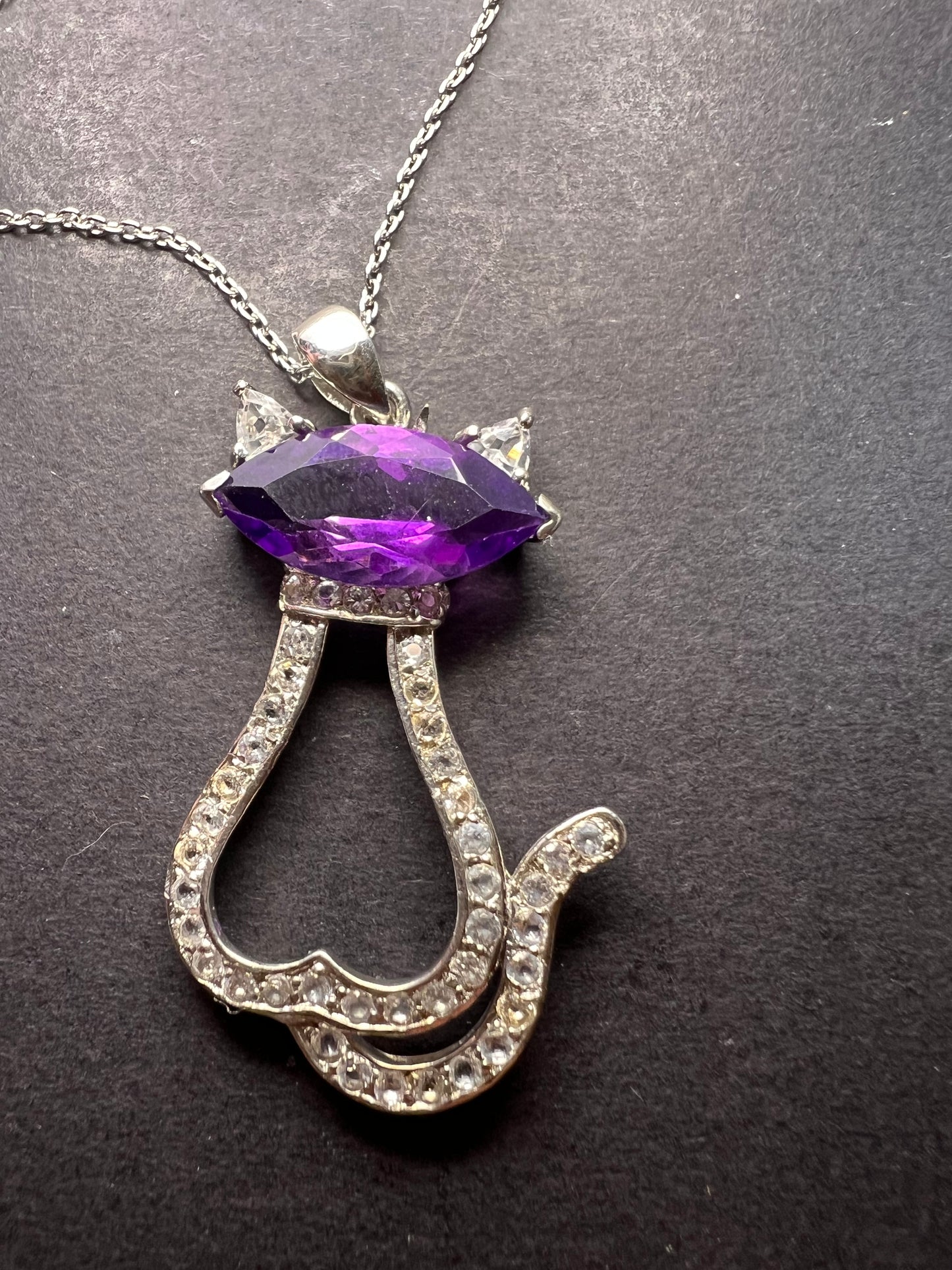 Purple Amethyst white topaz Rhodium Over Silver Cat Pendant Chain