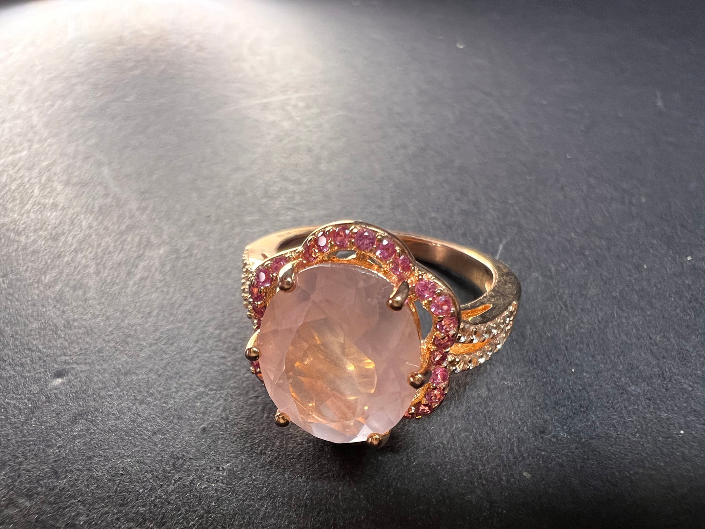 NEW Rose Quartz and lab pink sapphire rose gold over sterling silver ring size 8