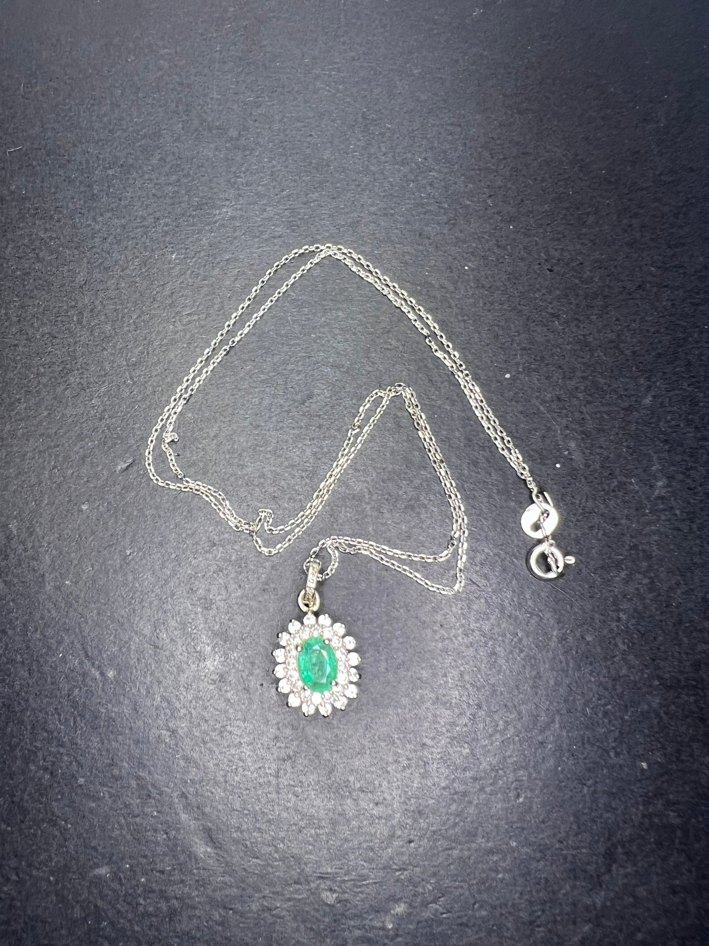Zambian Emerald and White Zircon Sunburst Pendant Necklace 18 Inches in Platinum Over Sterling Silver 1.50 ctw