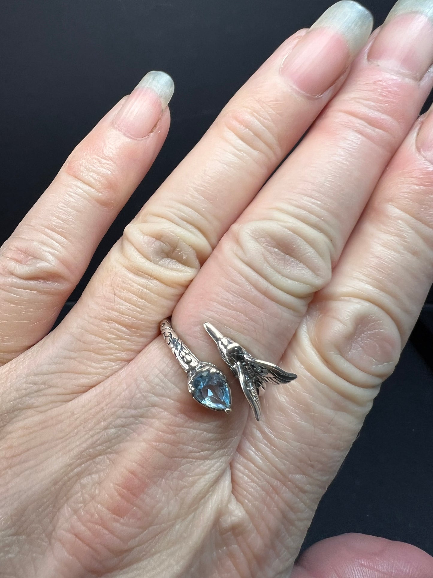 NEW Blue topaz hummingbird Bali sterling silver ring size 7