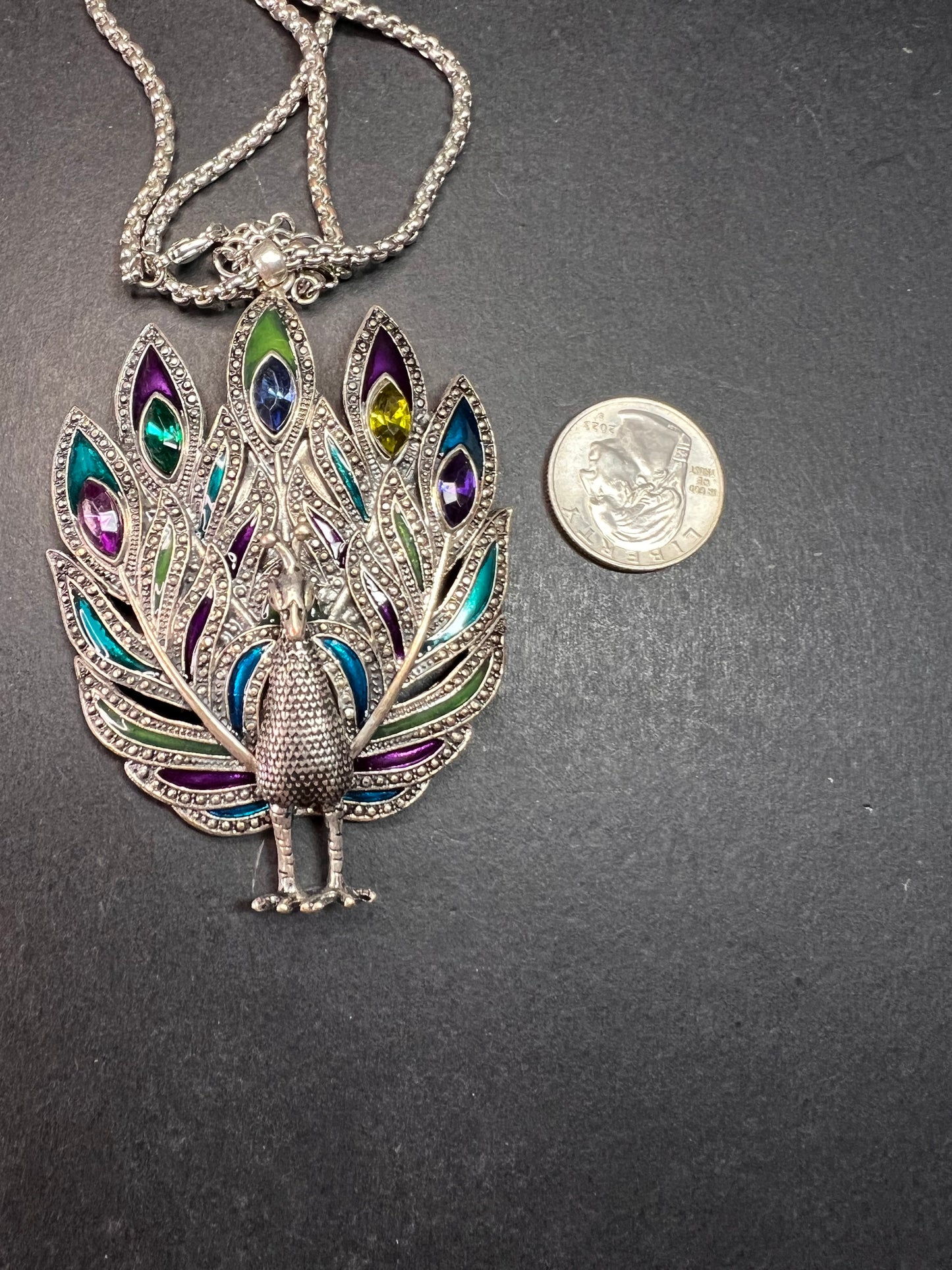 Vintage enameled and jeweled peacock pendant costume jewelry necklace