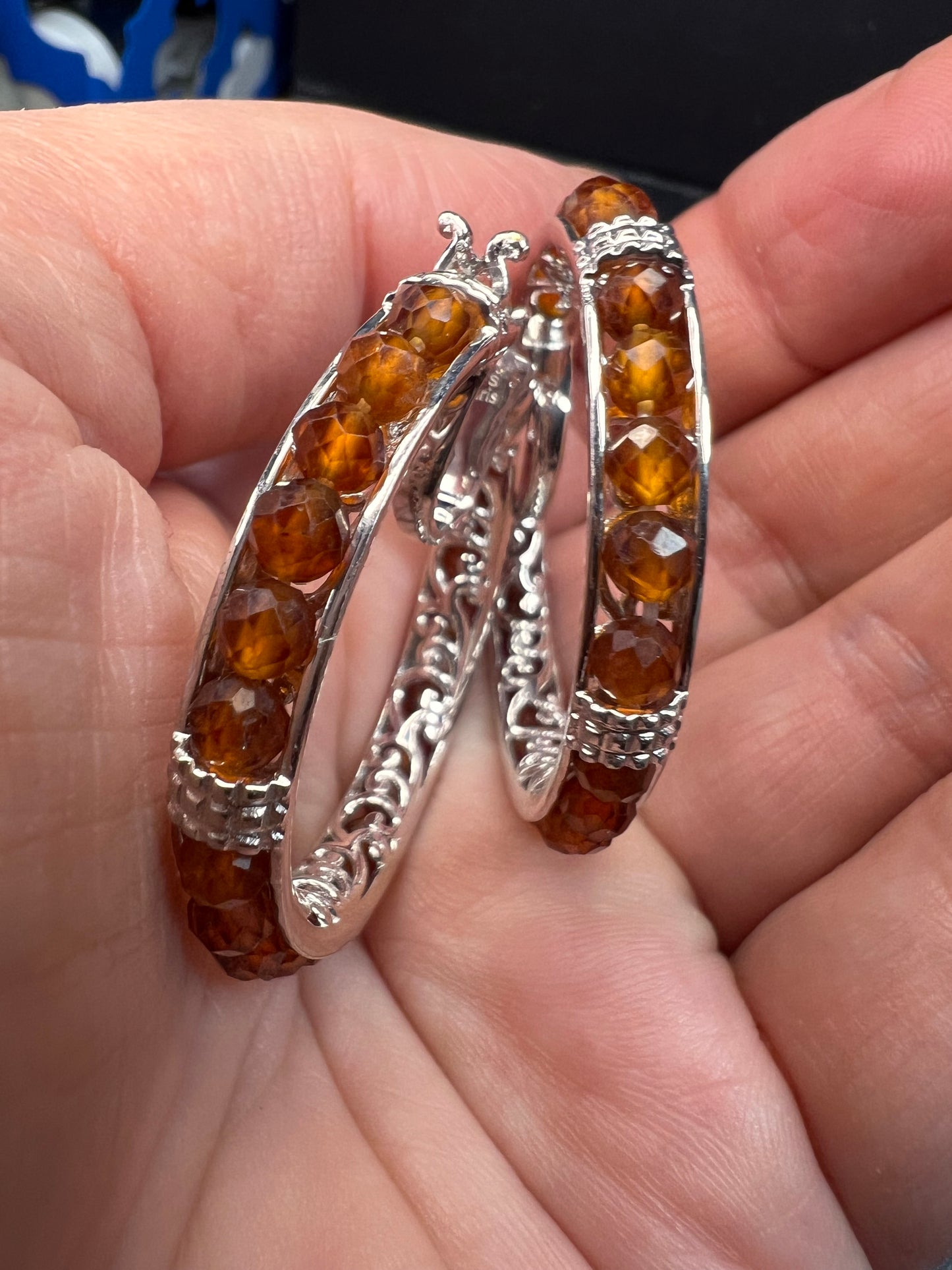 NEW Hessonite garnet hoop earrings in platinum over brass