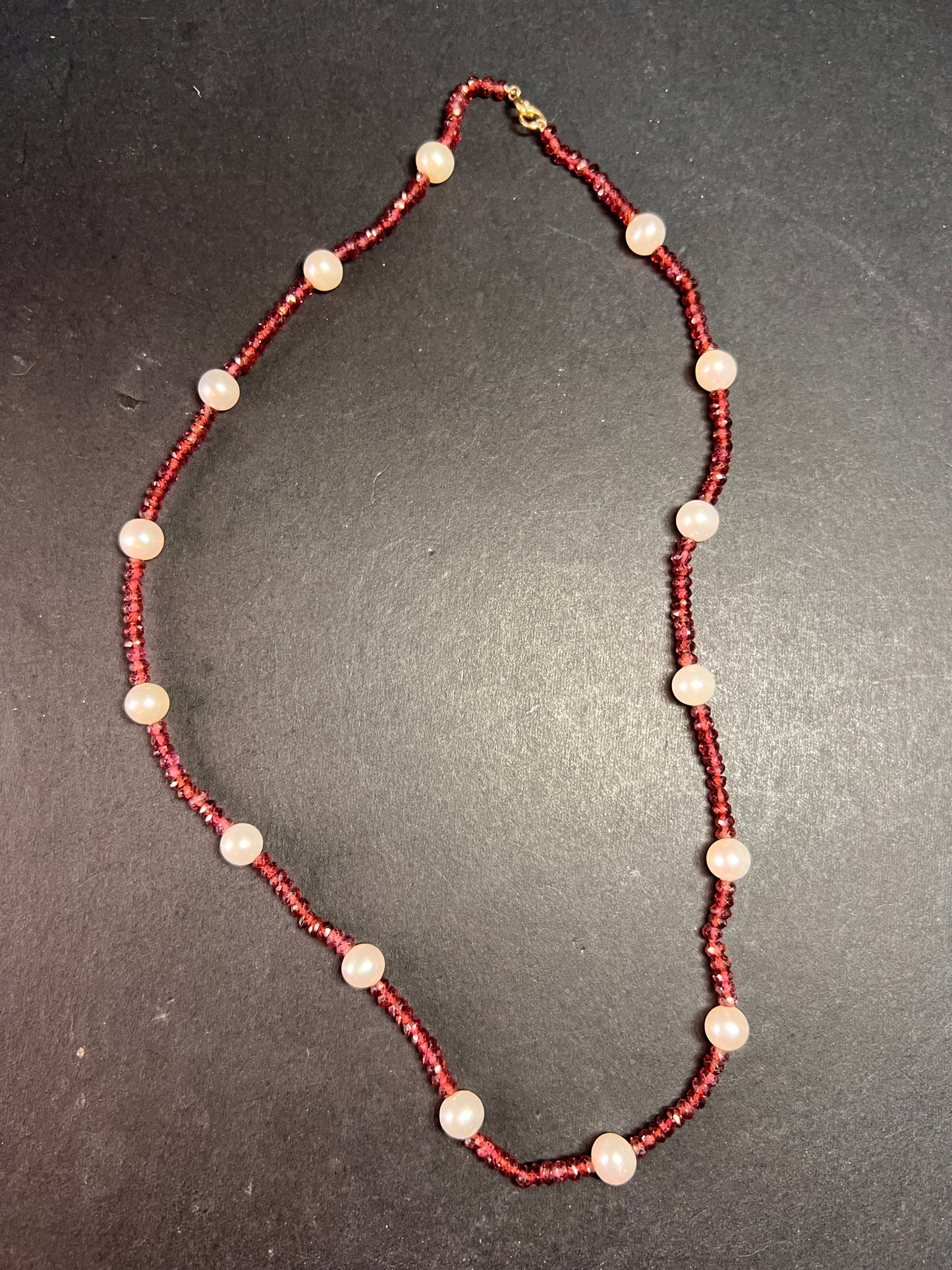 14k gold clasp garnet and pearl station necklace 18 inches