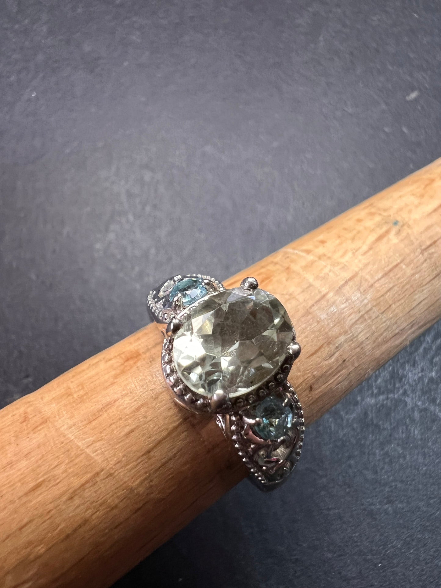 Prasiolite and apatite ring in platinum over copper size 8