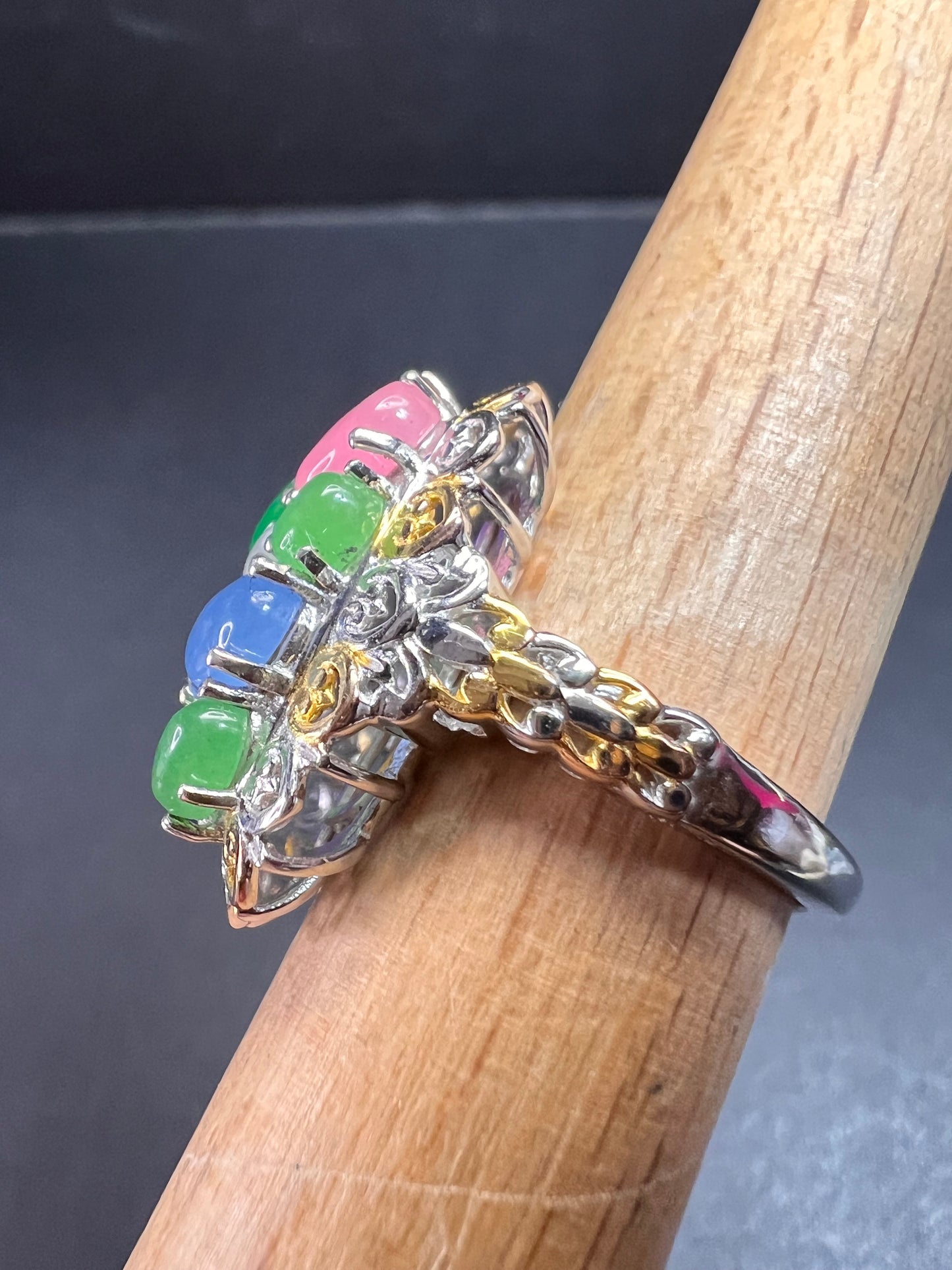 NEW rainbow harmony jade ring in vermeil and rhodium over sterling silver size 5