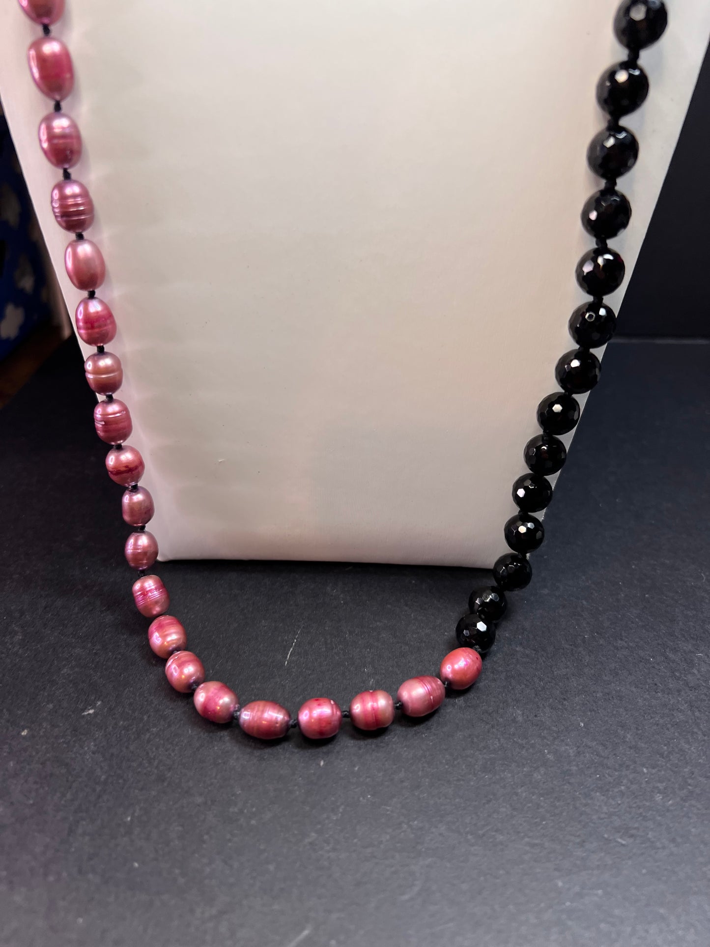 NEW freshwater pearl and black tourmaline 36 inch necklace with sterling silver clasp