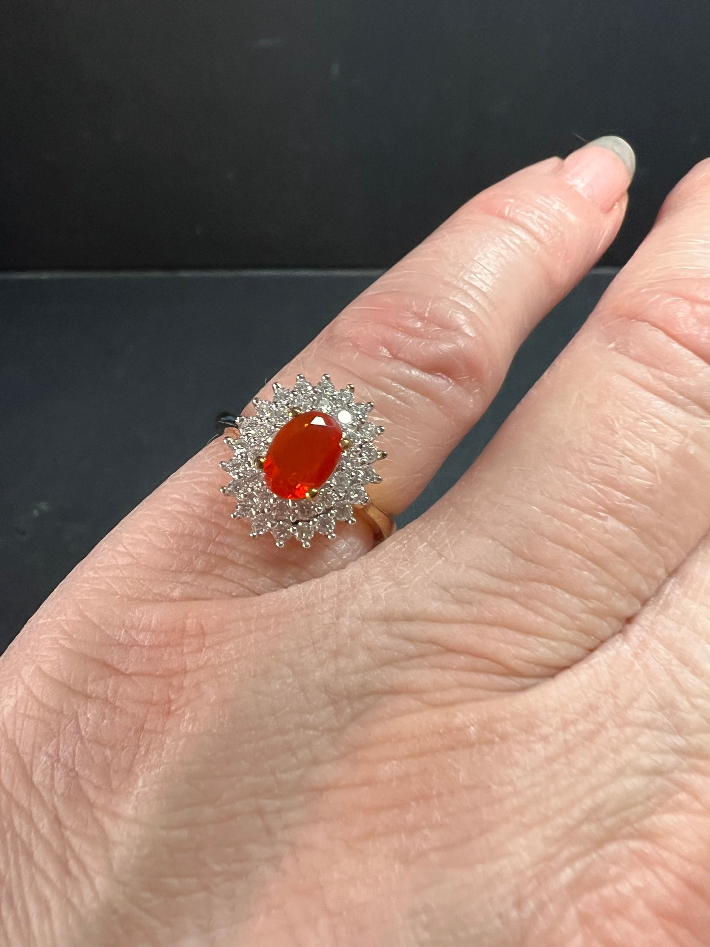 NEW Mexican Cherry fire opal and moissanite double halo ring in vermeil yellow gold over sterling silver size 5