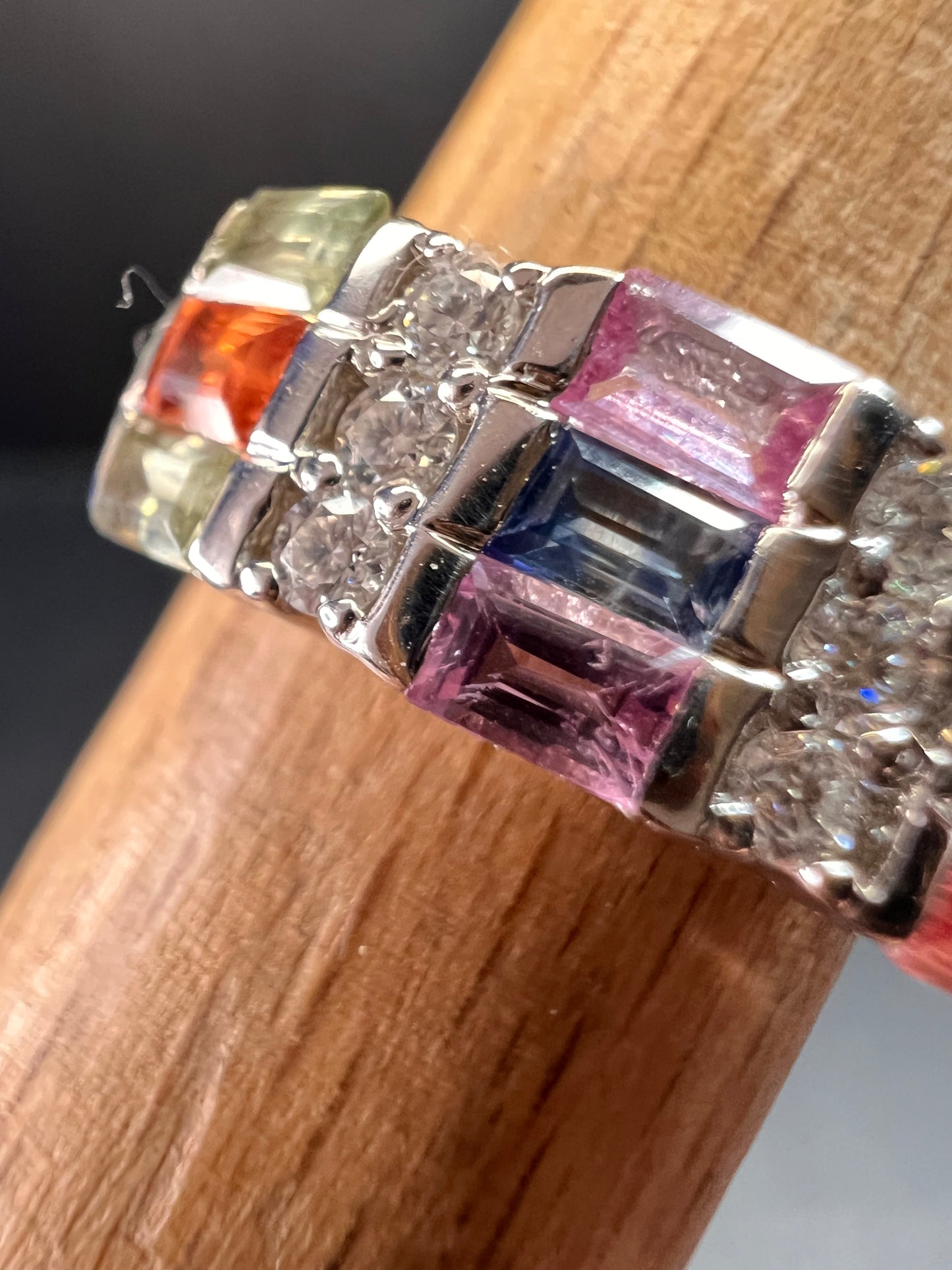 NEW multi sapphire and moissanite art deco style ring in rhodium over sterling silver size 5