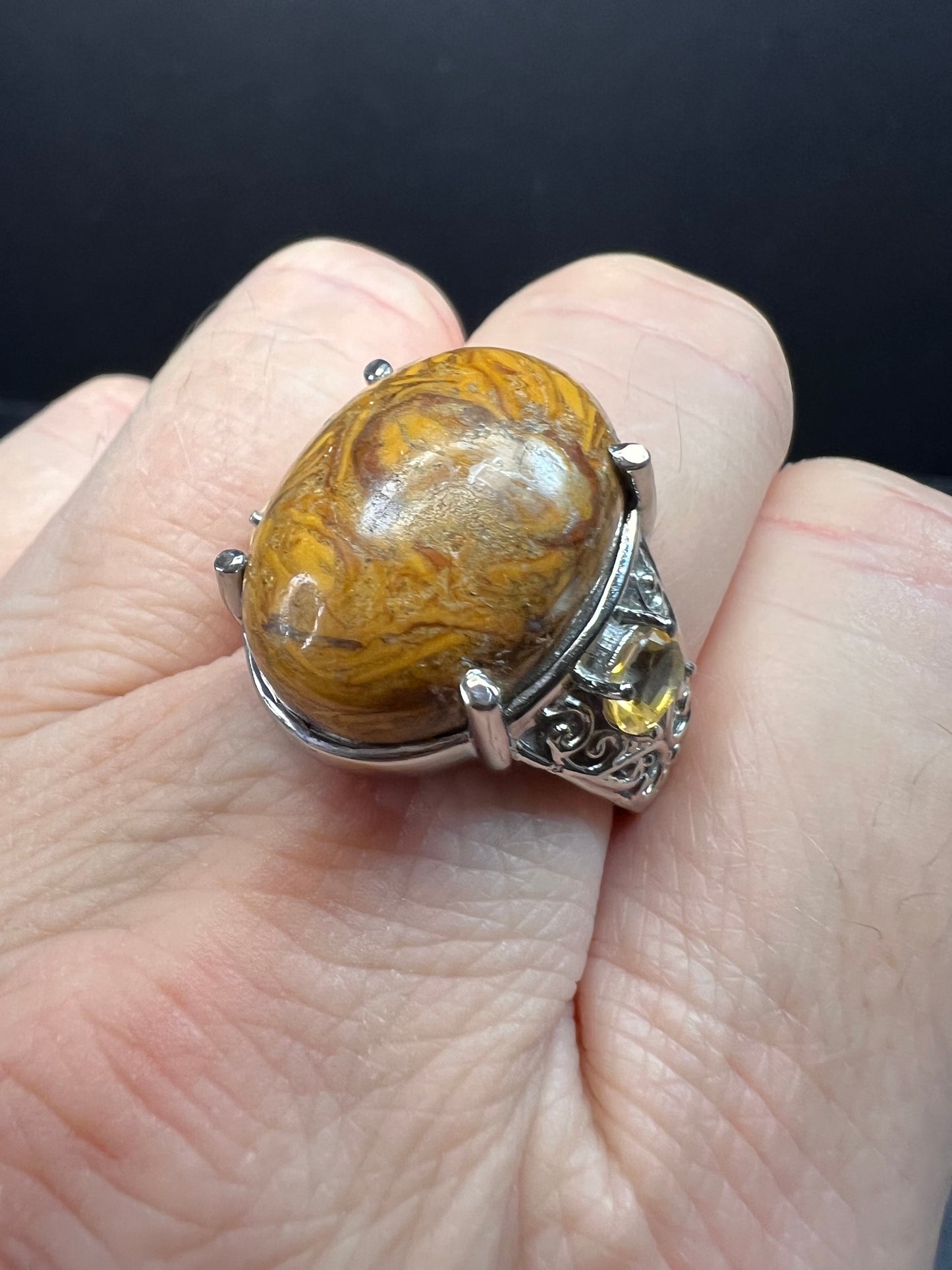 NEW script stone and citrine stainless steel ring size 8