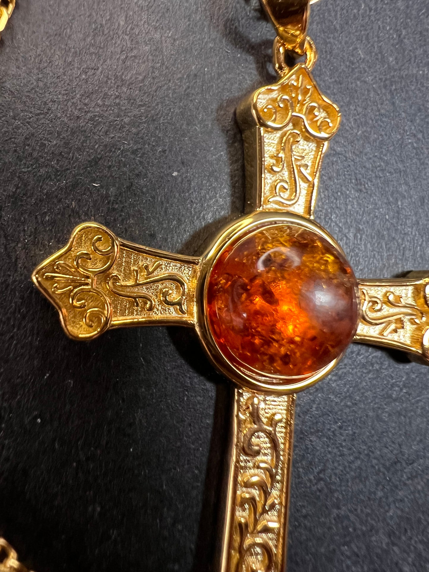 NEW Baltic Amber cross pendant in gold over sterling silver