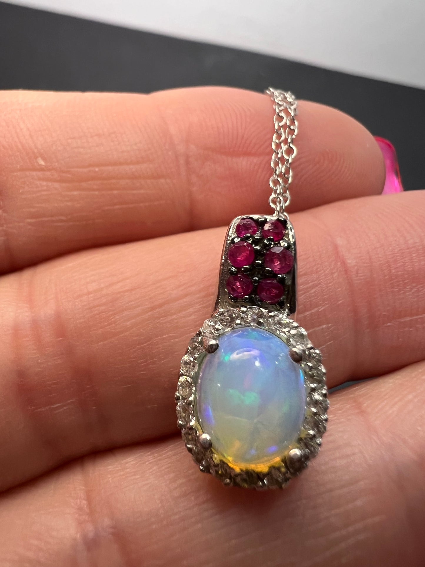 Ethiopian opal, ruby and zircon pendant and chain in platinum over sterling silver *NEW*