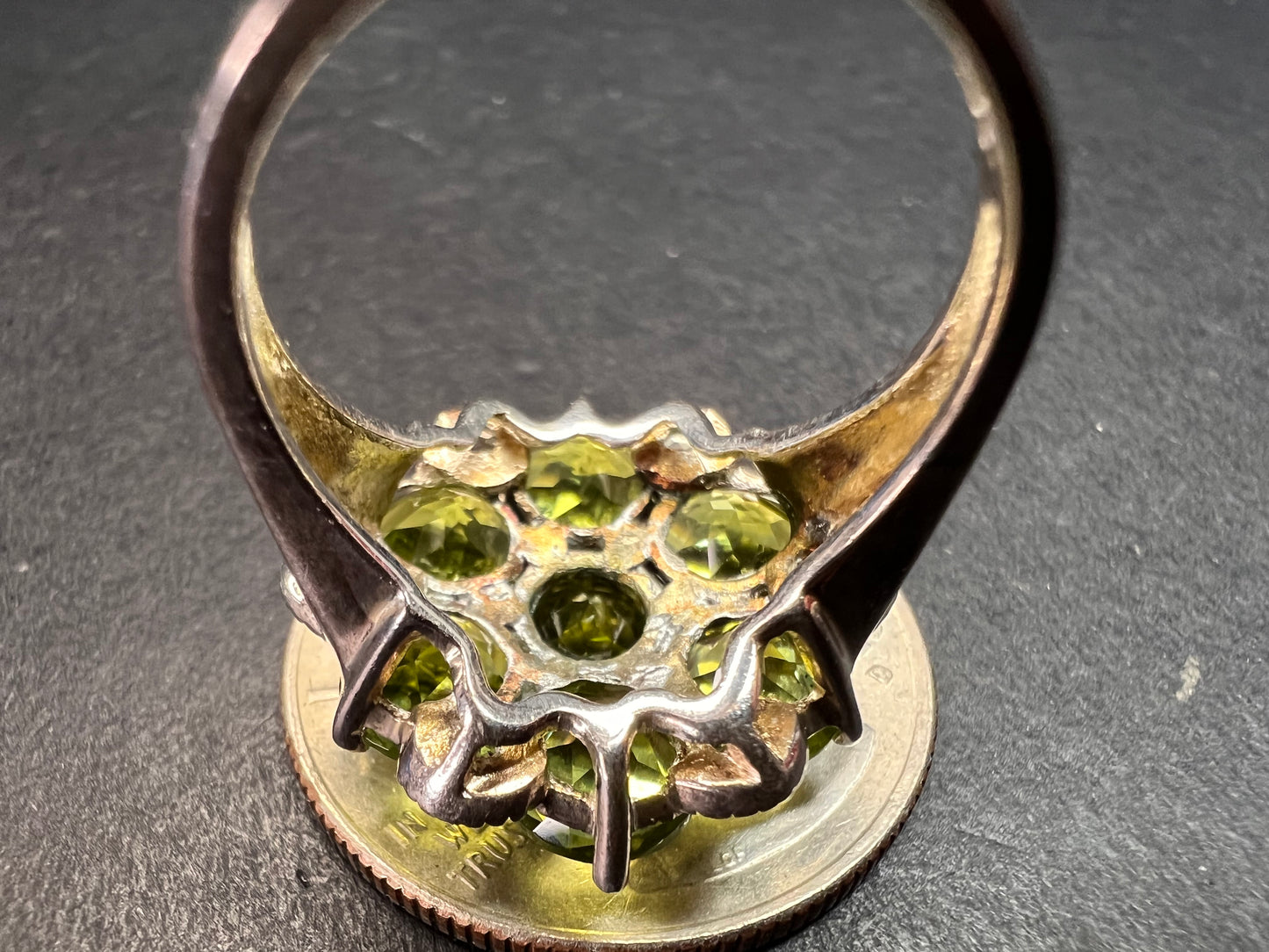Vintage peridot and aquamarine sterling silver cluster ring size 7