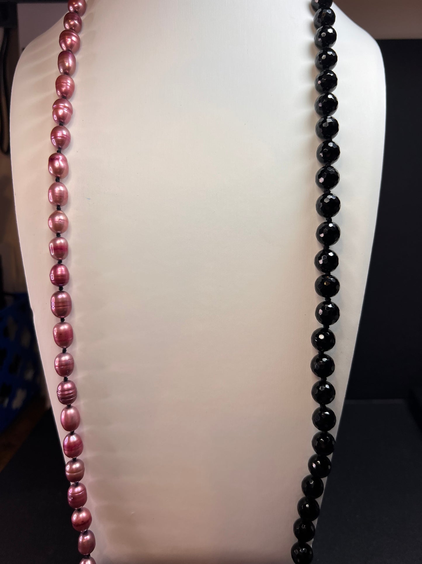 NEW freshwater pearl and black tourmaline 36 inch necklace with sterling silver clasp