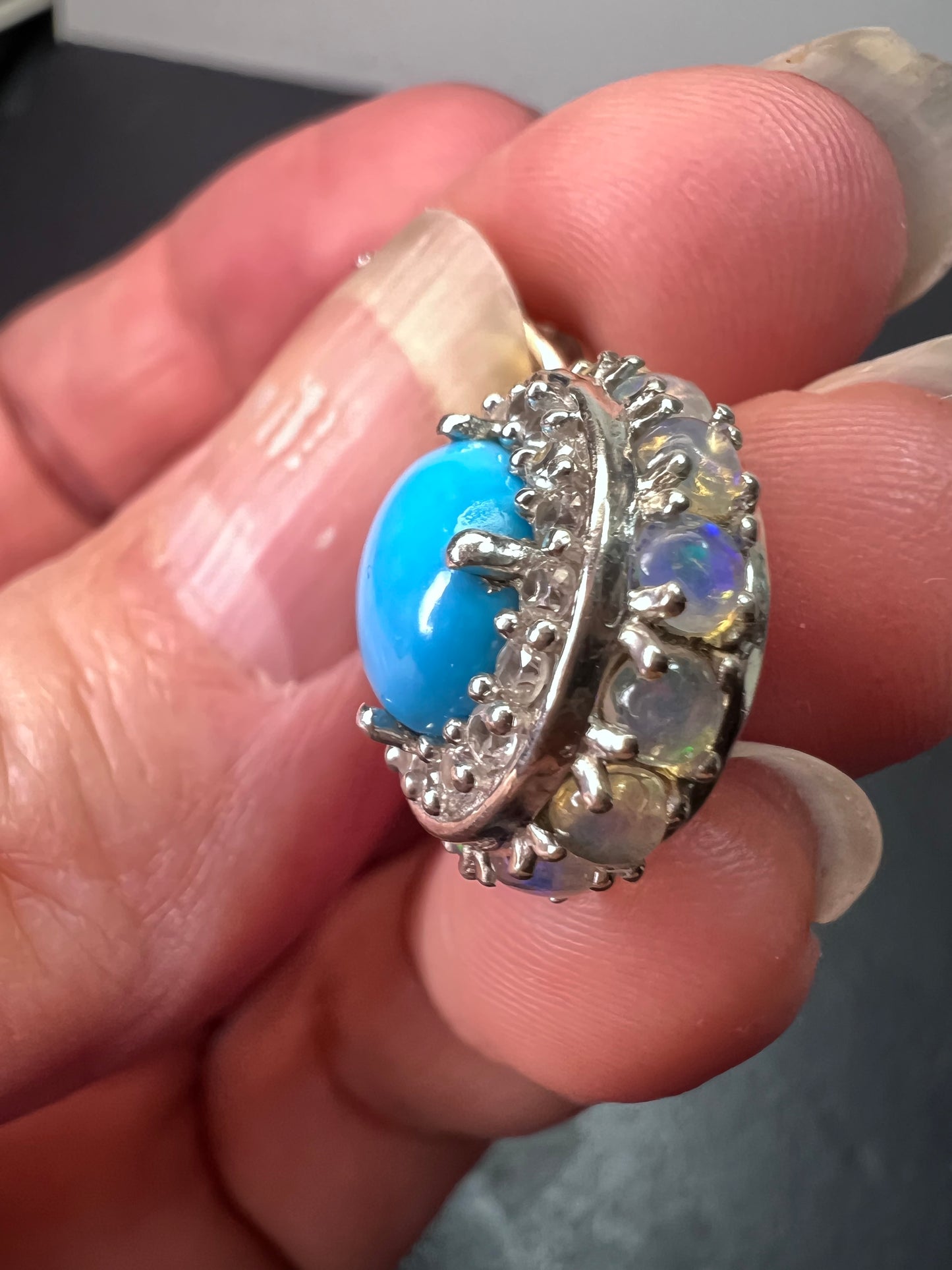 New Opal and sleeping beauty turquoise halo pendant and 20 inch chain necklace