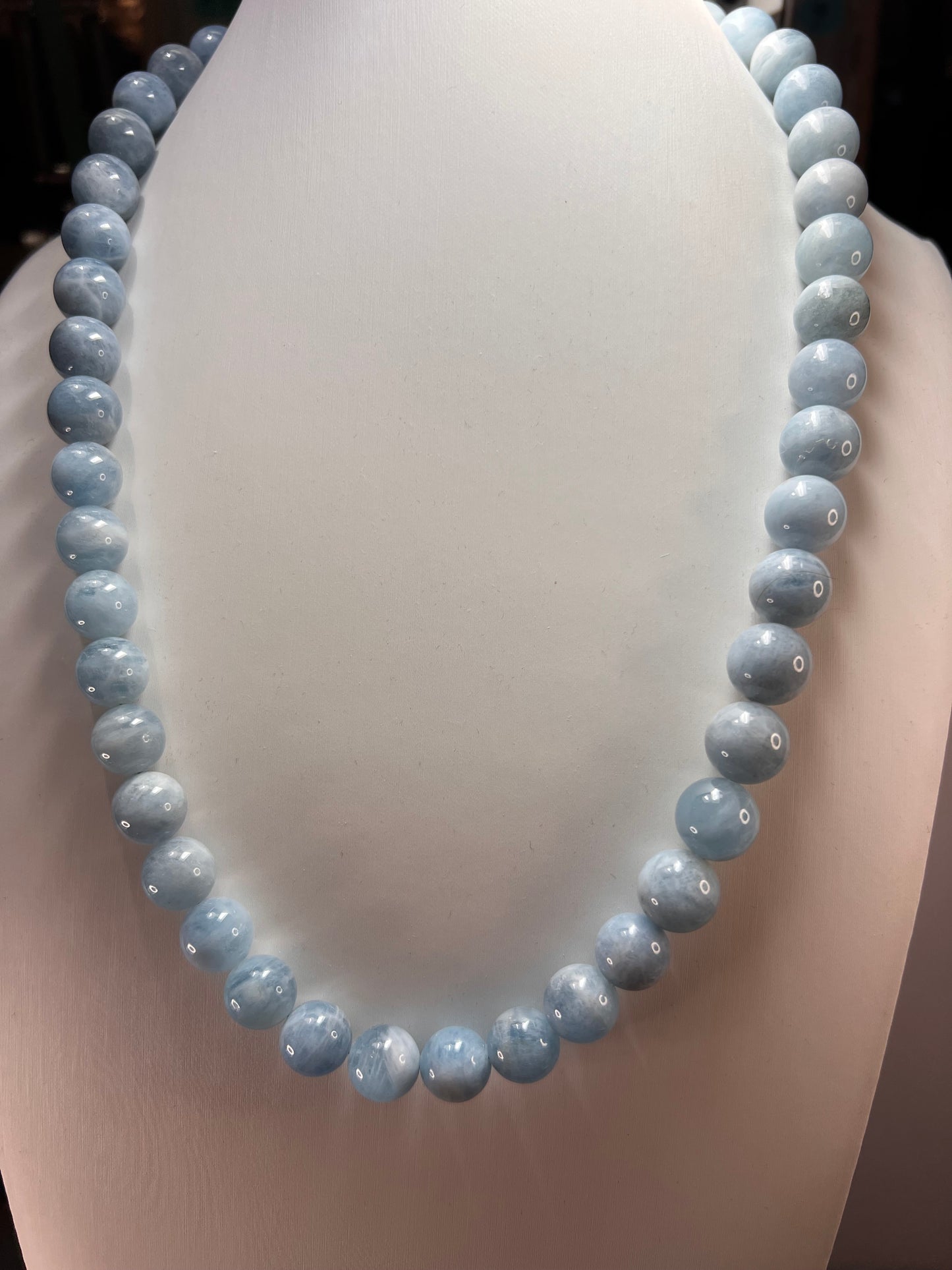Aquamarine 11mm beaded necklace with sterling silver clasp