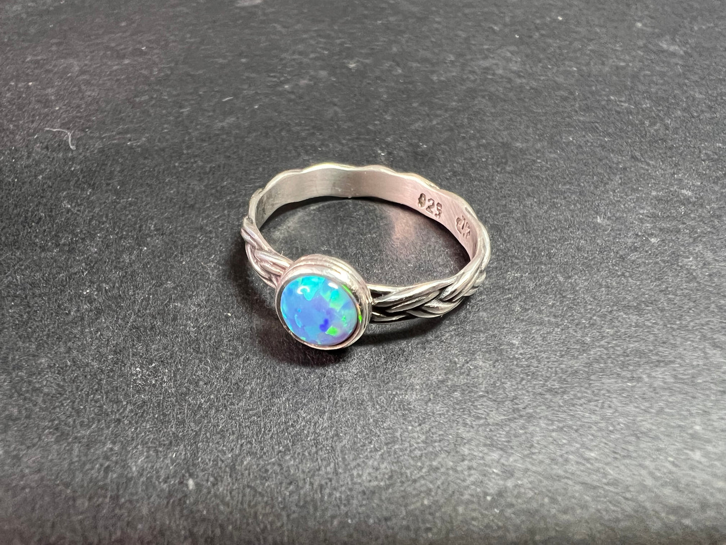 Sterling Silver Braided Band Ring with Lab Opal – Size 9