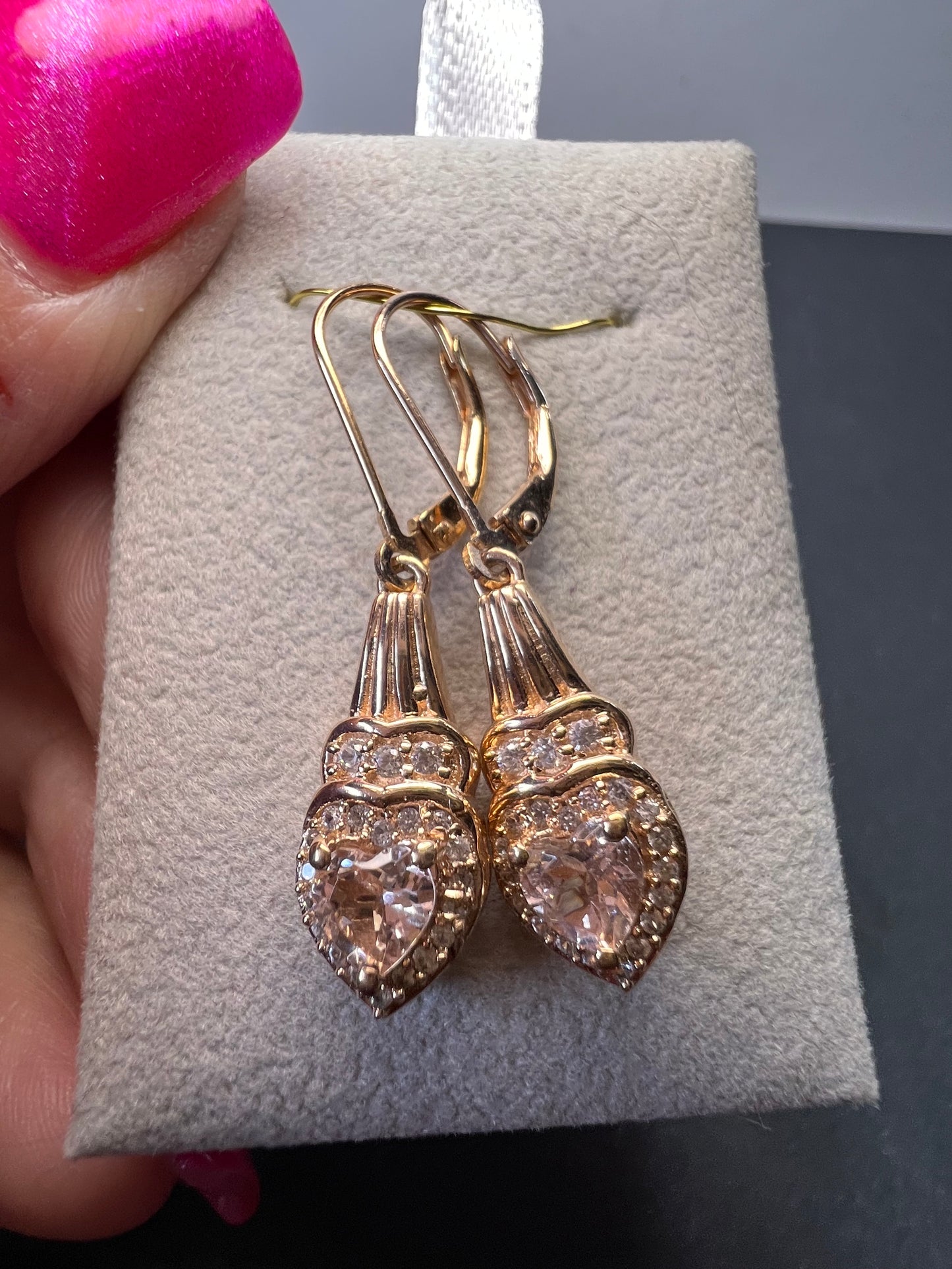 Marropino morganite and Cambodian zircon rose gold over sterling lever back heart drop earrings