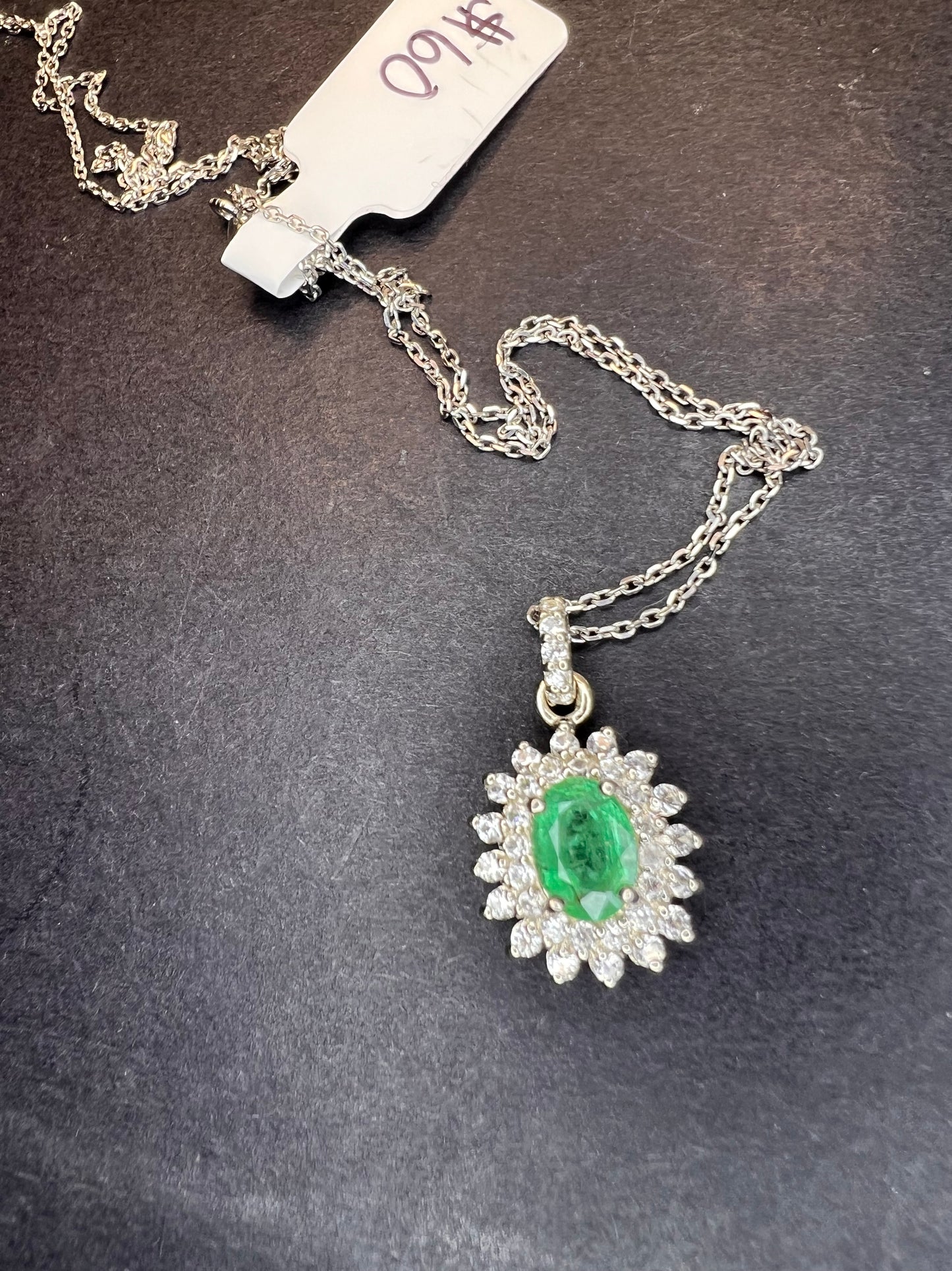 Zambian Emerald and White Zircon Sunburst Pendant Necklace 18 Inches in Platinum Over Sterling Silver 1.50 ctw