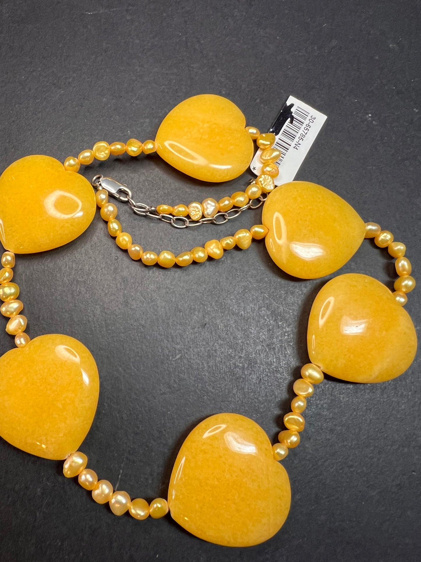 NEW yellow quartzite hearts and pearl station necklace with sterling silver clasp