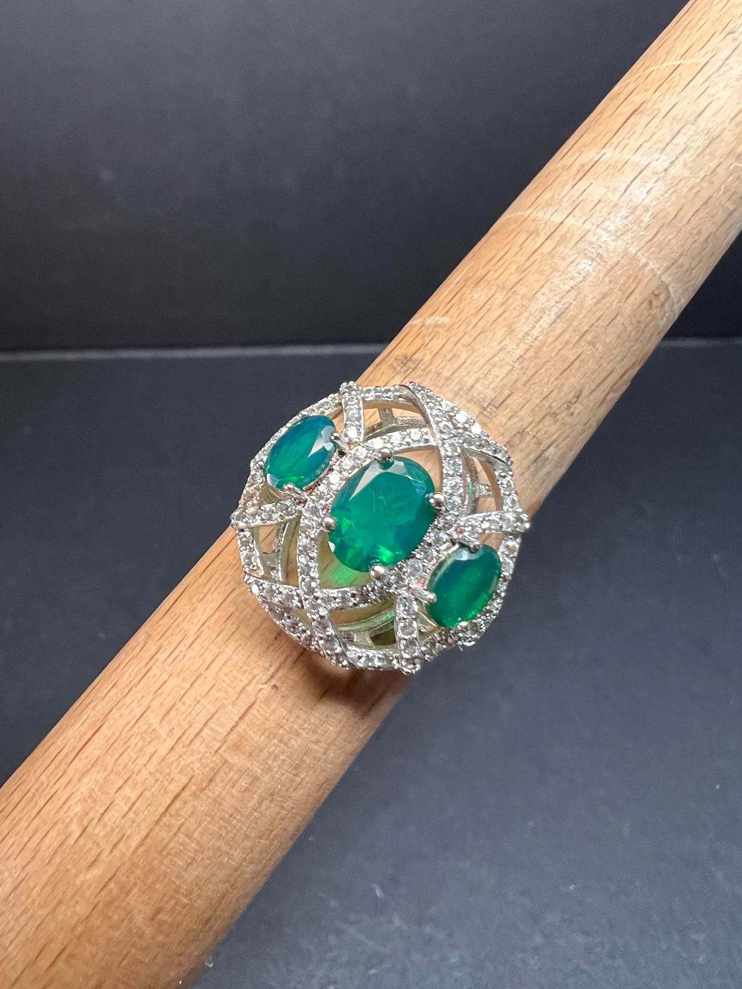 Synthetic emerald CZ sterling silver cocktail ring size 9