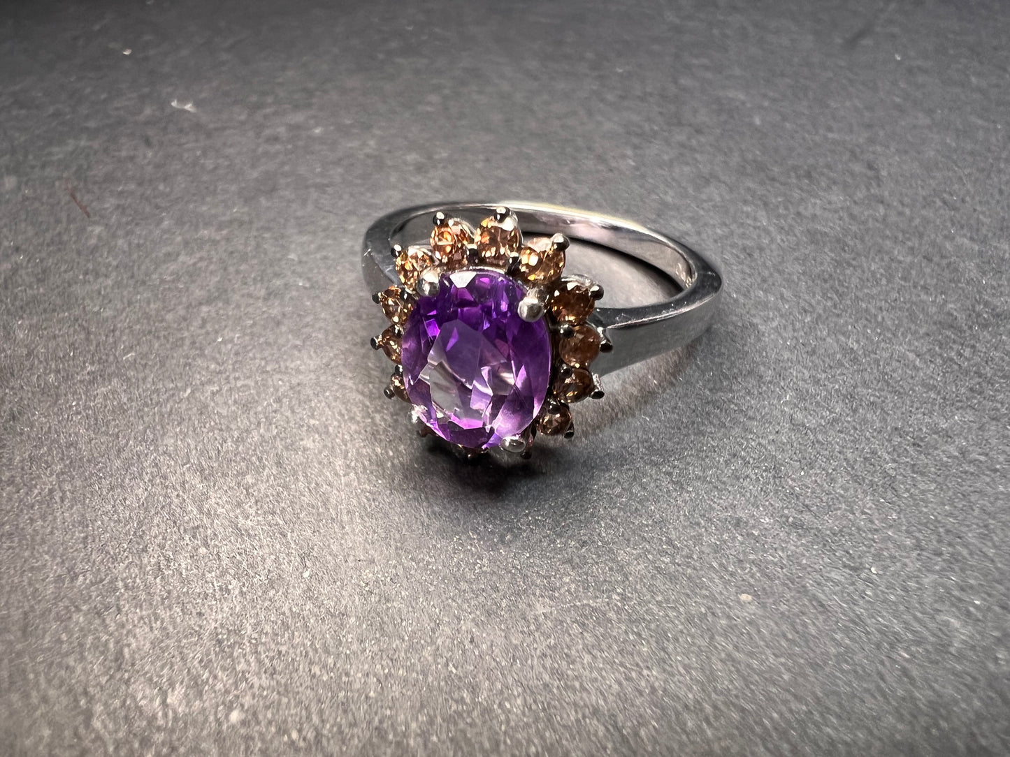 NEW Rose de France and brown zircon halo ring in platinum over sterling silver size 8