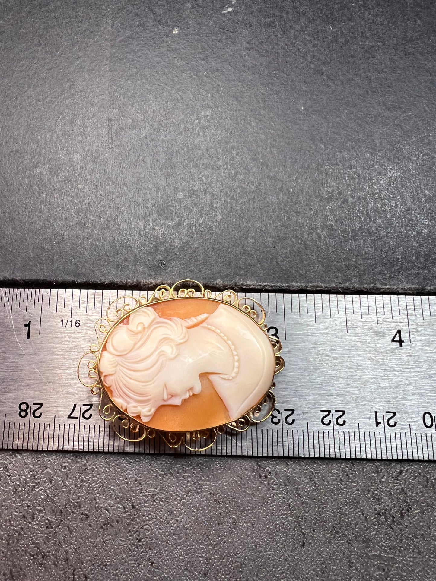 Vintage 1960s Hand Carved Shell Cameo Brooch Pendant – 12K Gold Filled Filigree Frame – 2” x 1.5”