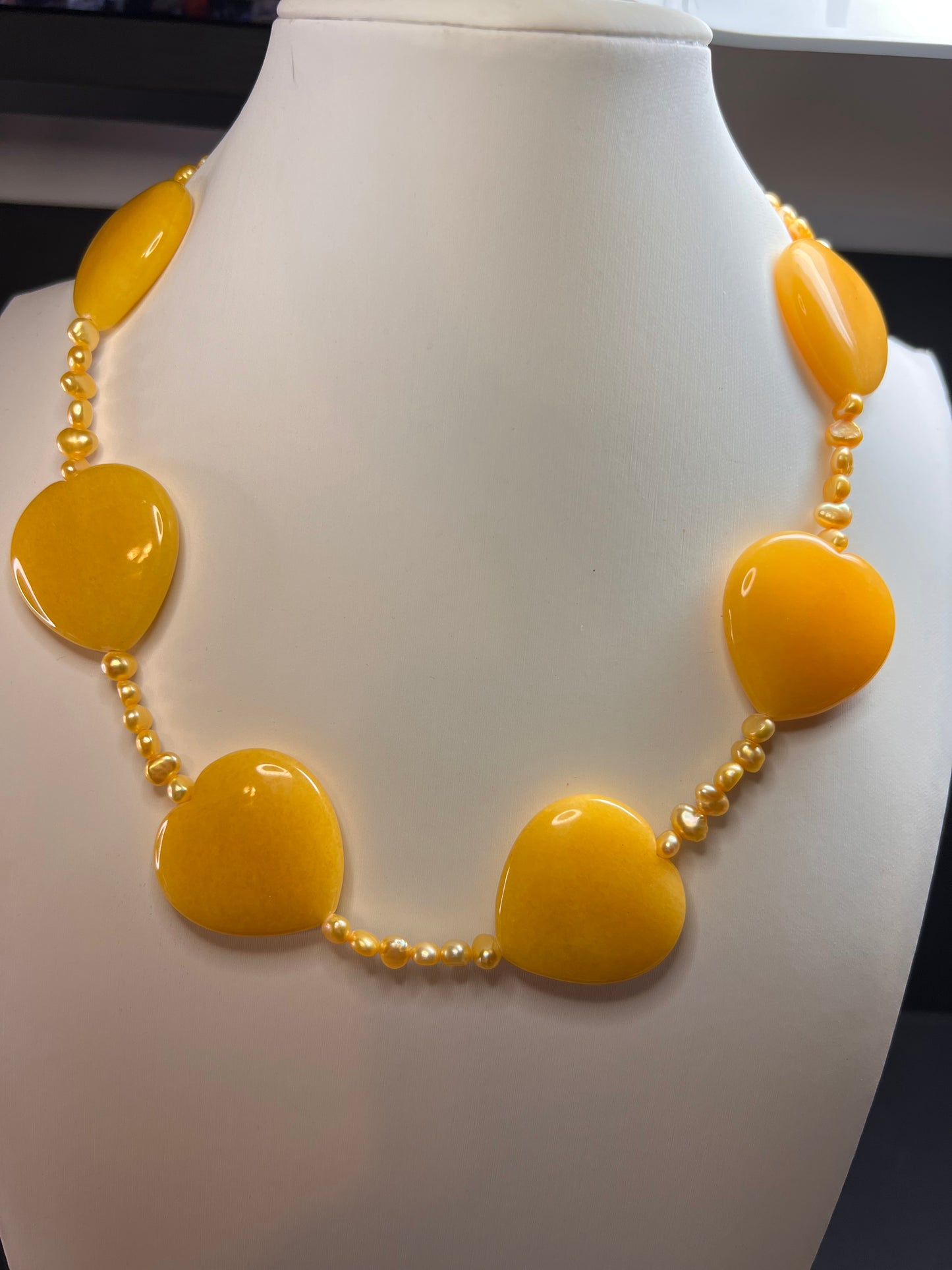NEW yellow quartzite hearts and pearl station necklace with sterling silver clasp