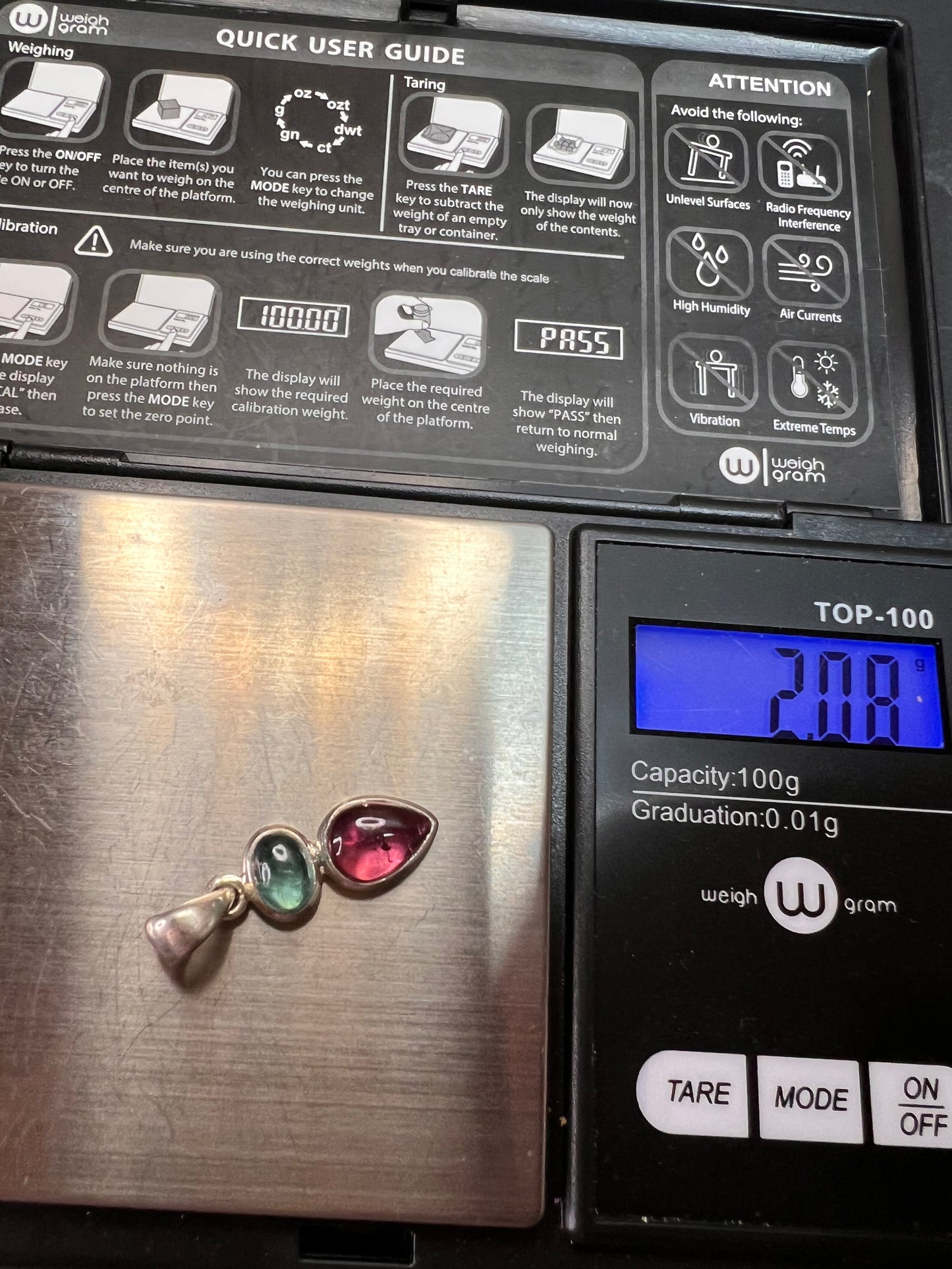 NEW indicolite and rubellite tourmaline sterling silver pendant 2.08 grams