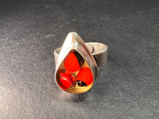 950 Silver Adjustable Huayruro Seed Resin Ring – Peruvian Artisan Good Luck Jewelry, Size 7