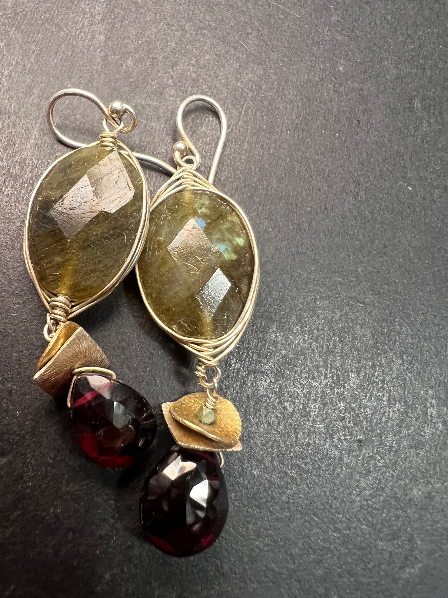 Labradorite and rhodolite garnet sterling silver dangle earrings