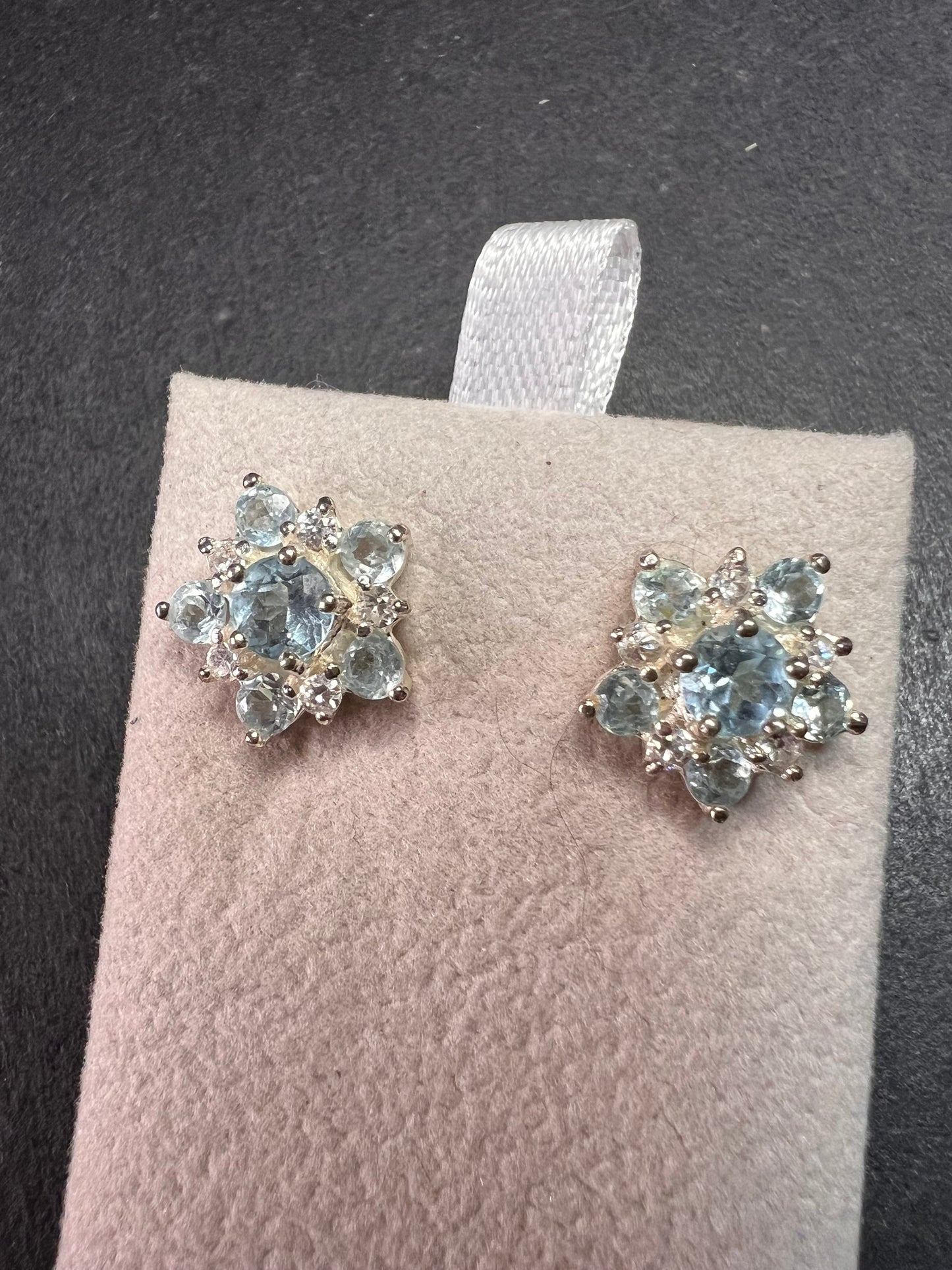 Vintage blue topaz and cz sterling silver snowflake stud earrings