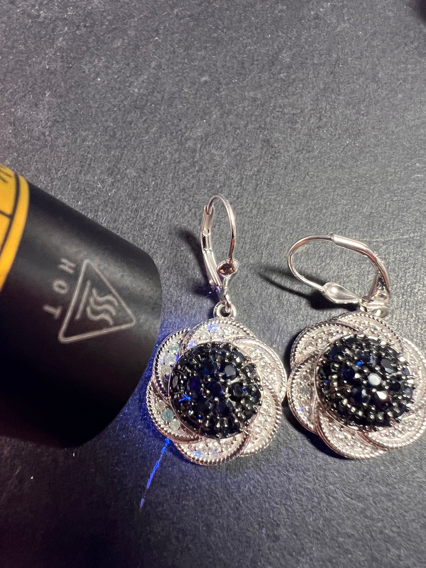 NEW blue sapphire and zircon galaxy halo earrings in rhodium over sterling silver