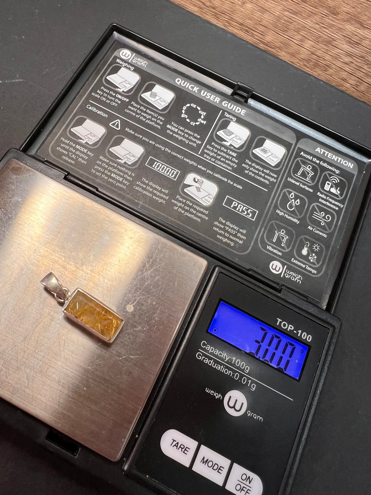 NEW Golden rutile quartz gemstone sterling silver pendant 3 grams