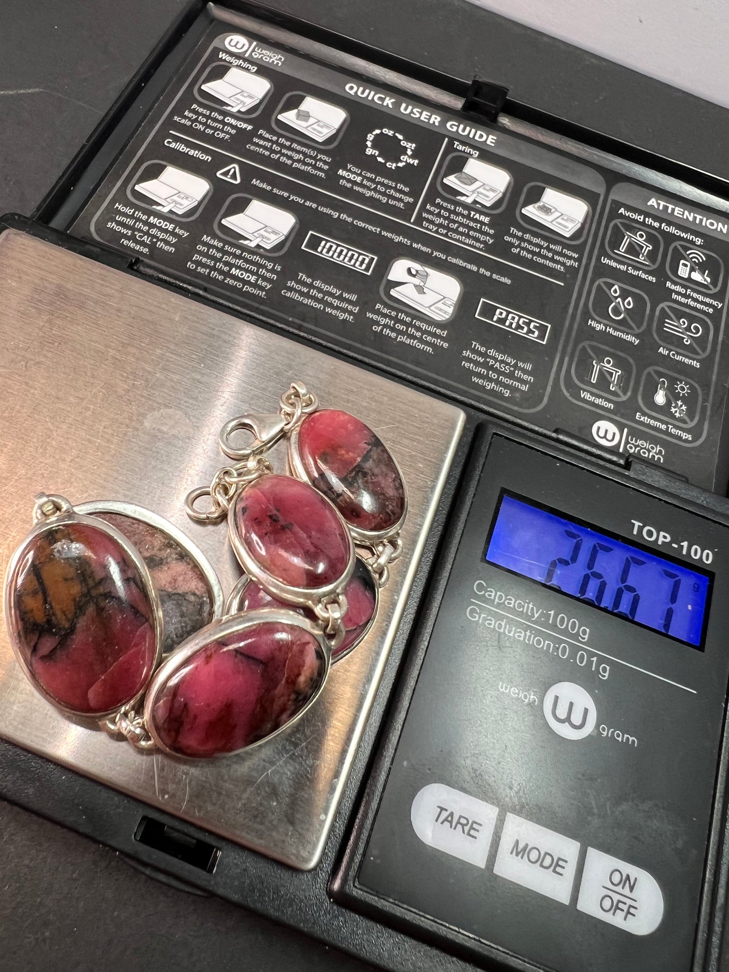 NEW Rhodonite sterling silver link bracelet 7.75 inch