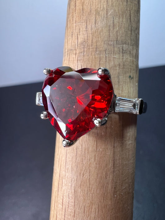 Big red heart shaped CZ Sterling silver ring size 9