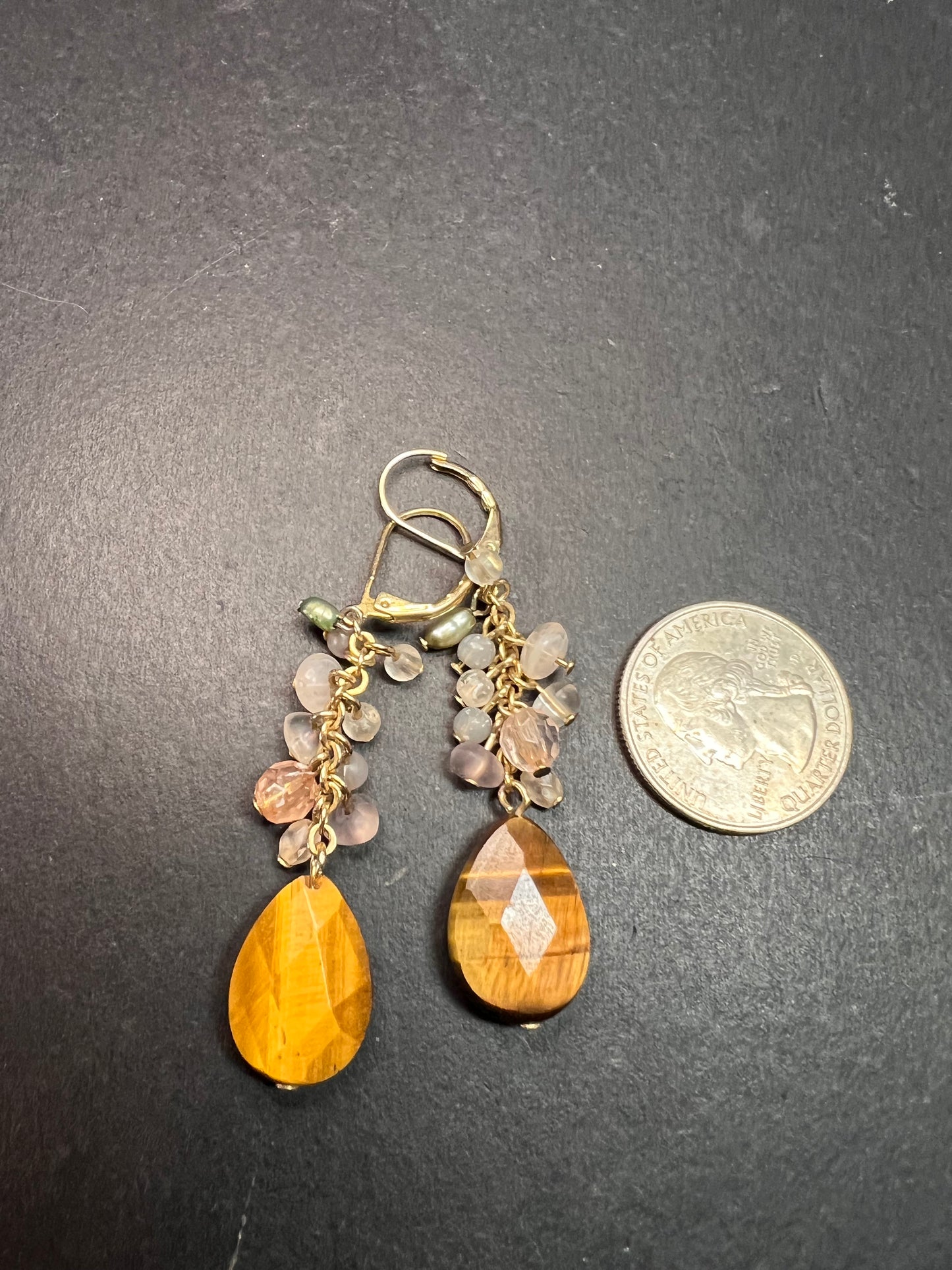 Avon tigers eye gold tone lever back chandelier earrings