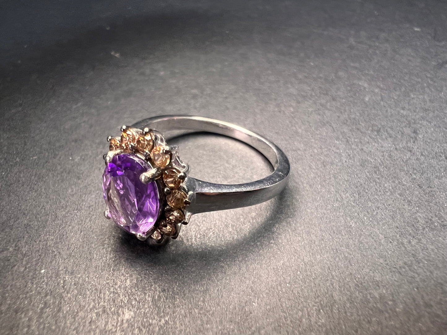 NEW Rose de France and brown zircon halo ring in platinum over sterling silver size 8