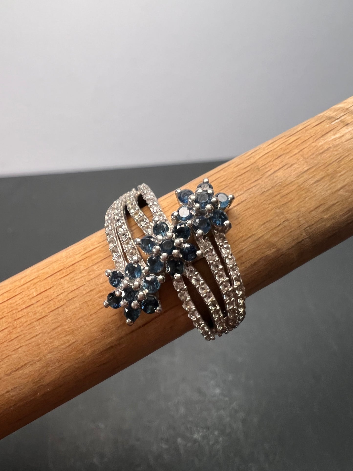 Blue tourmaline and zircon bypass ring in sterling silver size 9