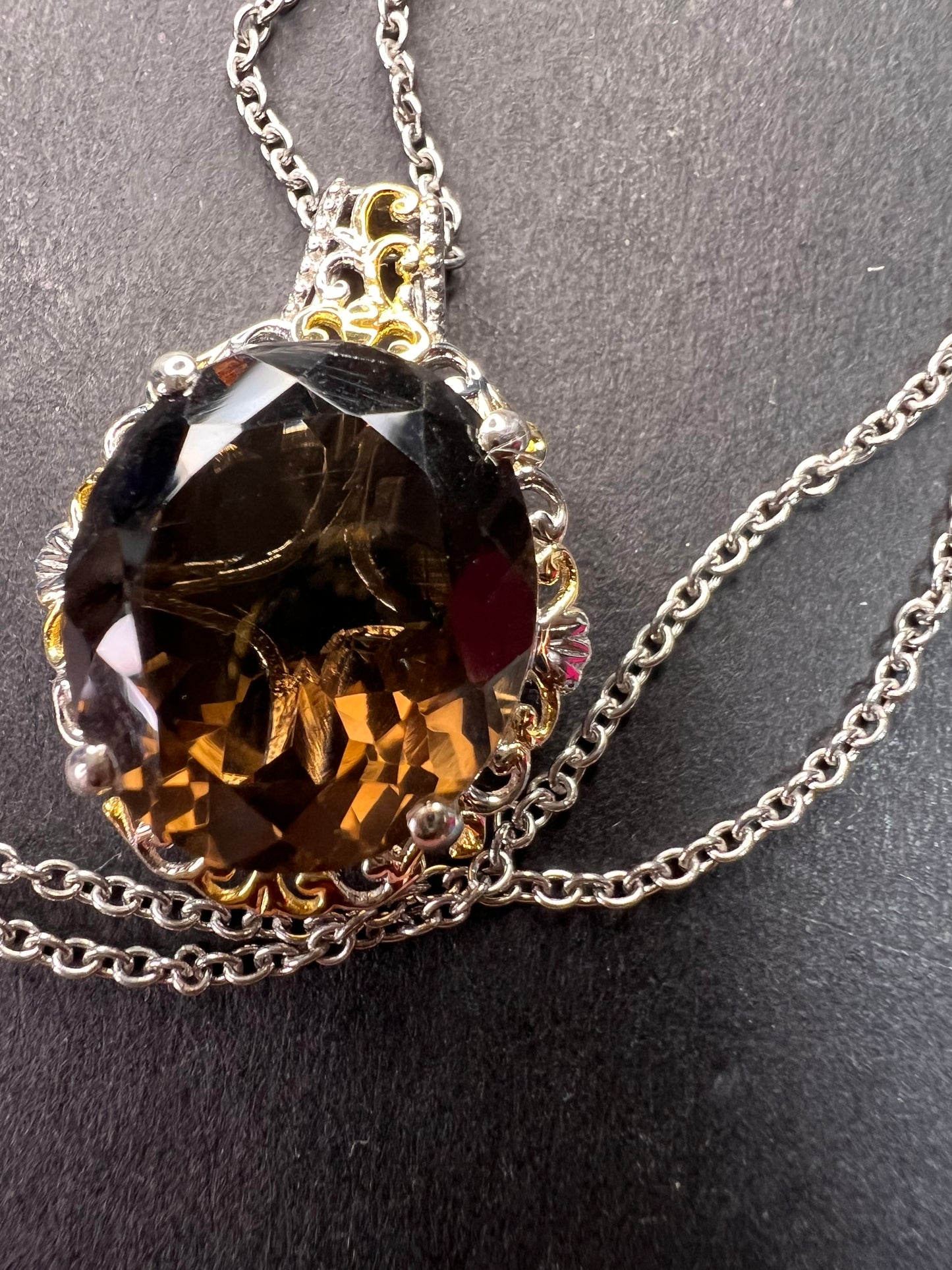 NEW Smoky Quartz pendant necklace in platinum and YG over brass and stainless steel 20 inches
